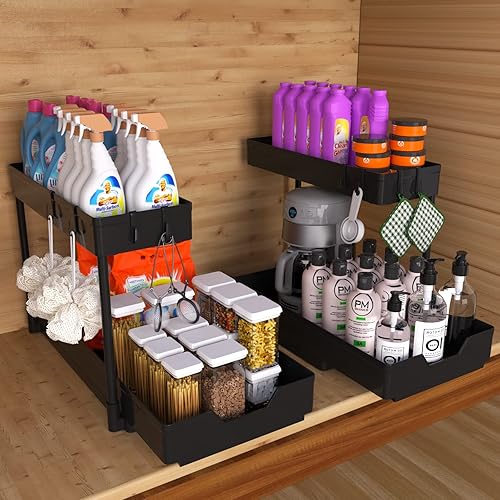 Miniatura 8 de NATURES SOURCE Organizador de 2 niveles para debajo del fregadero paquete de 2 estantes deslizantes en forma de L debajo del gabinete del baño