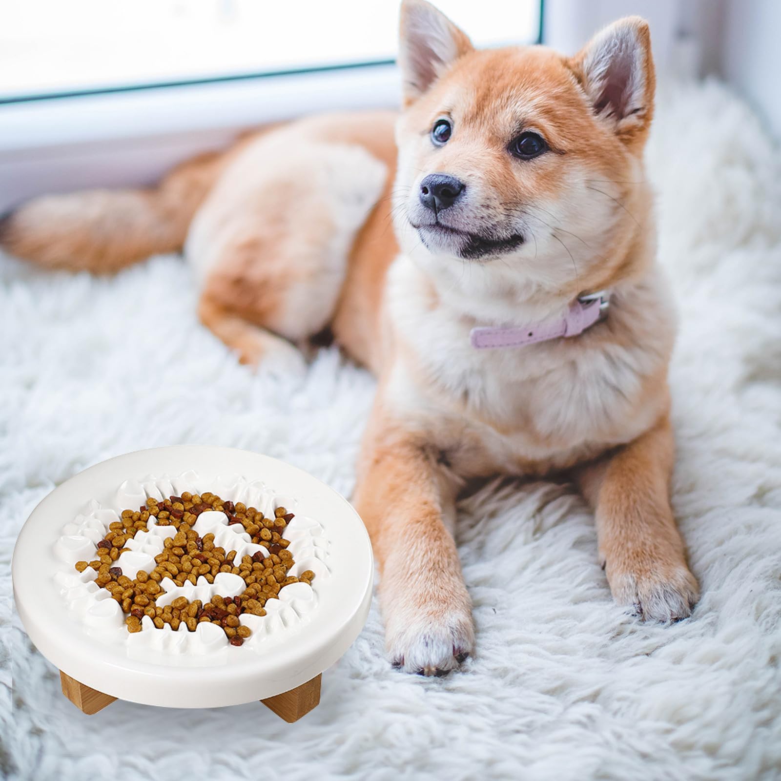 Toyvian Comedero Elevado con Soporte de Madera Anticaídas para Perros y Gatos Pequeños de Cerámica para Alimentación Lenta y Protección de Cuello en Mascotas