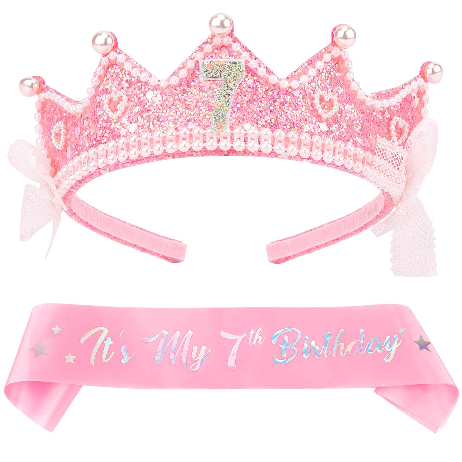 Chanaco 7 Year Old Girl Birthday Gifts 7th Birthday Crown and Sash Decorations Pink Bow Outfit for Party Favor Princess Tiara Headband Set