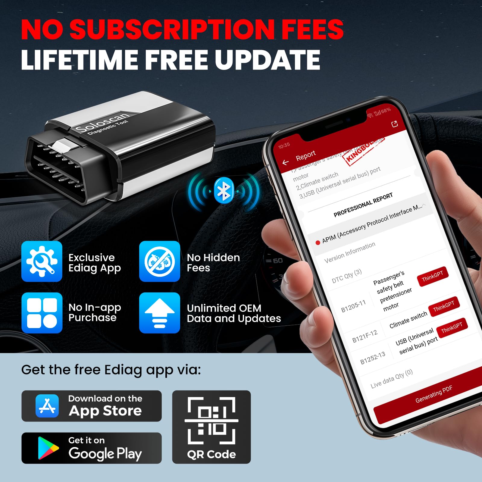 KINGBOLEN Soloscan OBD2 Auto Diagnostica per Ford/Mazda/Lincoln, Bluetooth Diagnosi Auto Professionale in Italiano, per Sistema Completo, 50+ Servizi, Aggiornamento a Vita
