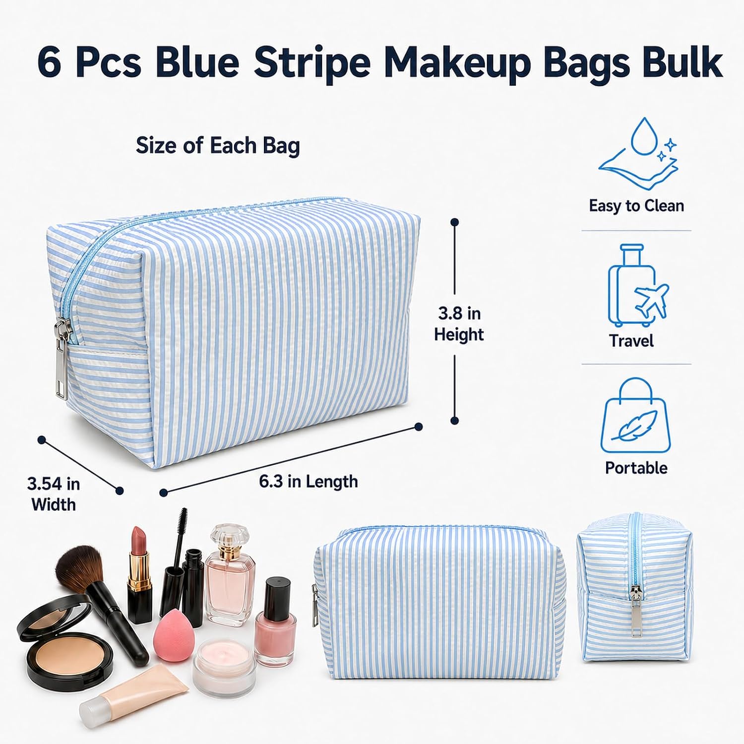 12 Pack Striped Makeup Bag Bulk, Seersucker Cosmetic Bags Women's Storage Pouch for Daily Essentials, Bridesmaid Gifts and Bachelorette Party Favors for Weddings, Travel and Everyday Use, Blue image 2