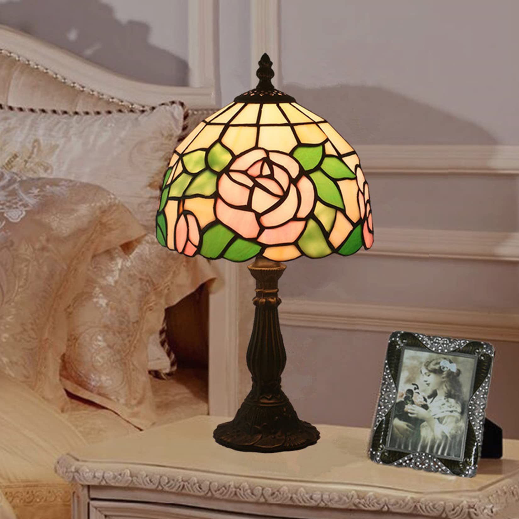 Lampa róża na stół, stolik nocny, motyw kwiatowy, witraż, akcent na biurko, lampka nocna dla dziewczyny, ukochanej, sypialni, prezent urodzinowy, 8 x 15 cali, D niespodzianka (g)