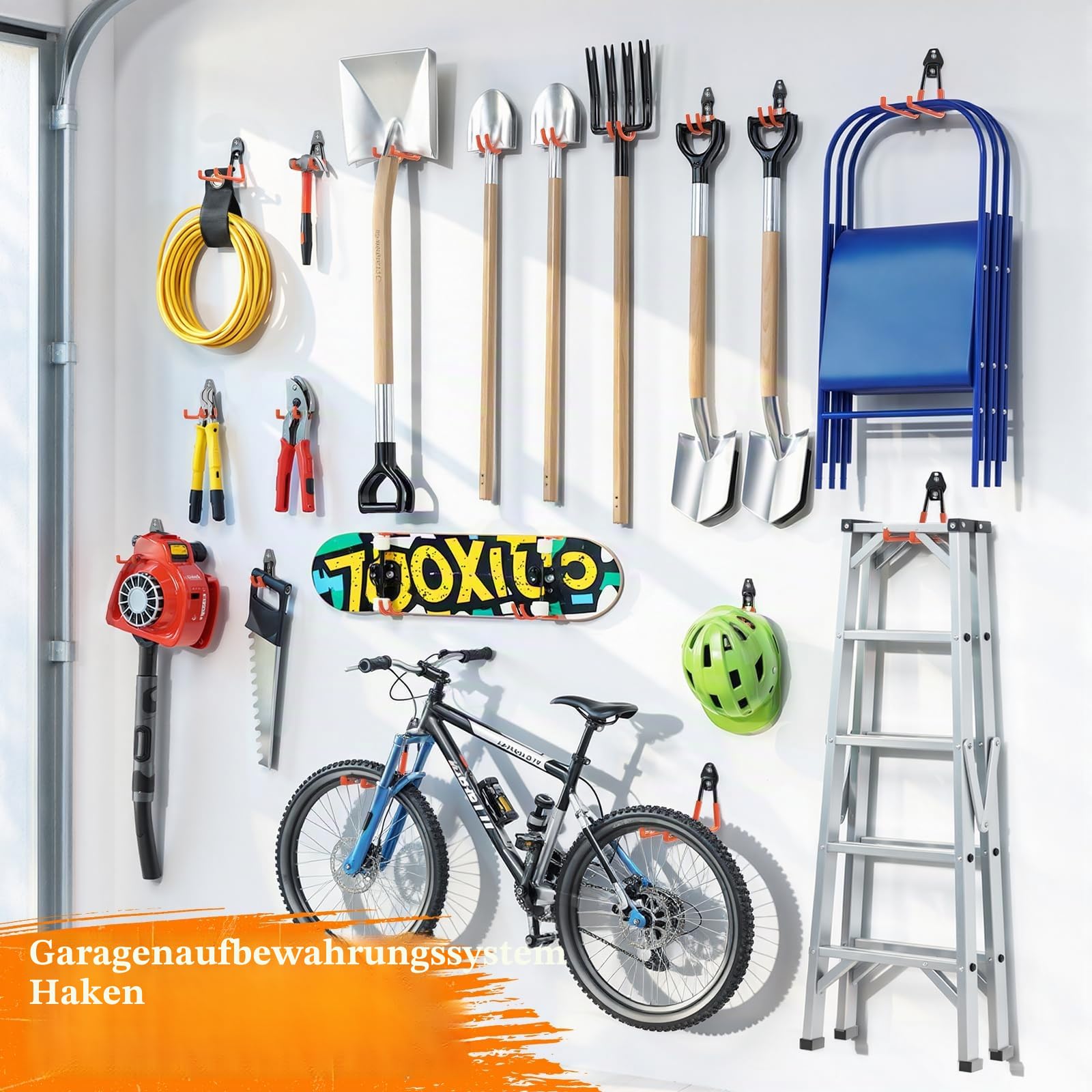Housolution Stahl-Garagenhaken-30 Stück rutschfeste Beschichtung Hochleistungs-Wandhaken für Fahrräder Gartengeräte Leitern Schläuche Sperrgut Seile Garagenwerkzeugorganizer mit Kabelwickler, Orange