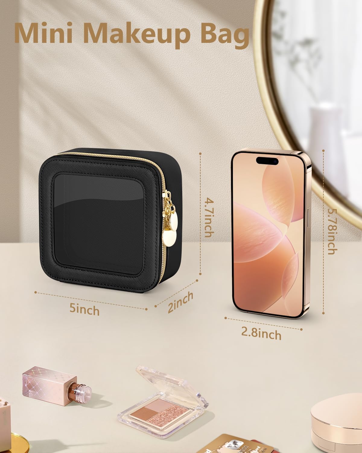 Clear Makeup Bag, Portable Travel Cosmetic Bags, Multipurpose Leather Toiletry Bag with Zipper, Waterproof Transparent Cosmetic Organizer for Women, Mini, Black - Image 3