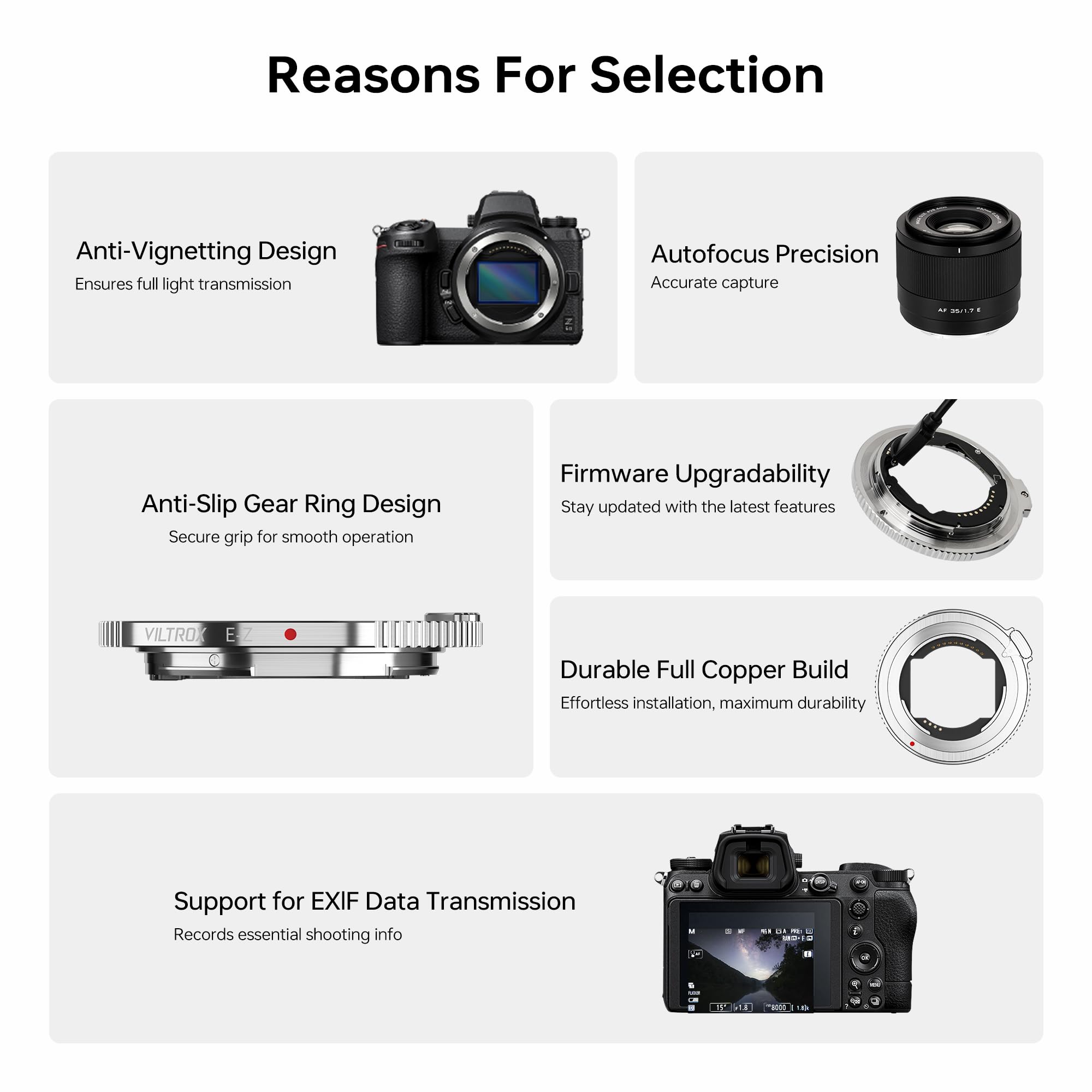 VILTROX E-Z Adattatore per obiettivo, convertitore per obiettivo autofocus Anello adattatore compatibile con obiettivi attacco E per fotocamere mirrorless Nikon attacco Z Z5 Z50 Z6 Z6II Z7 Z7II Zfc