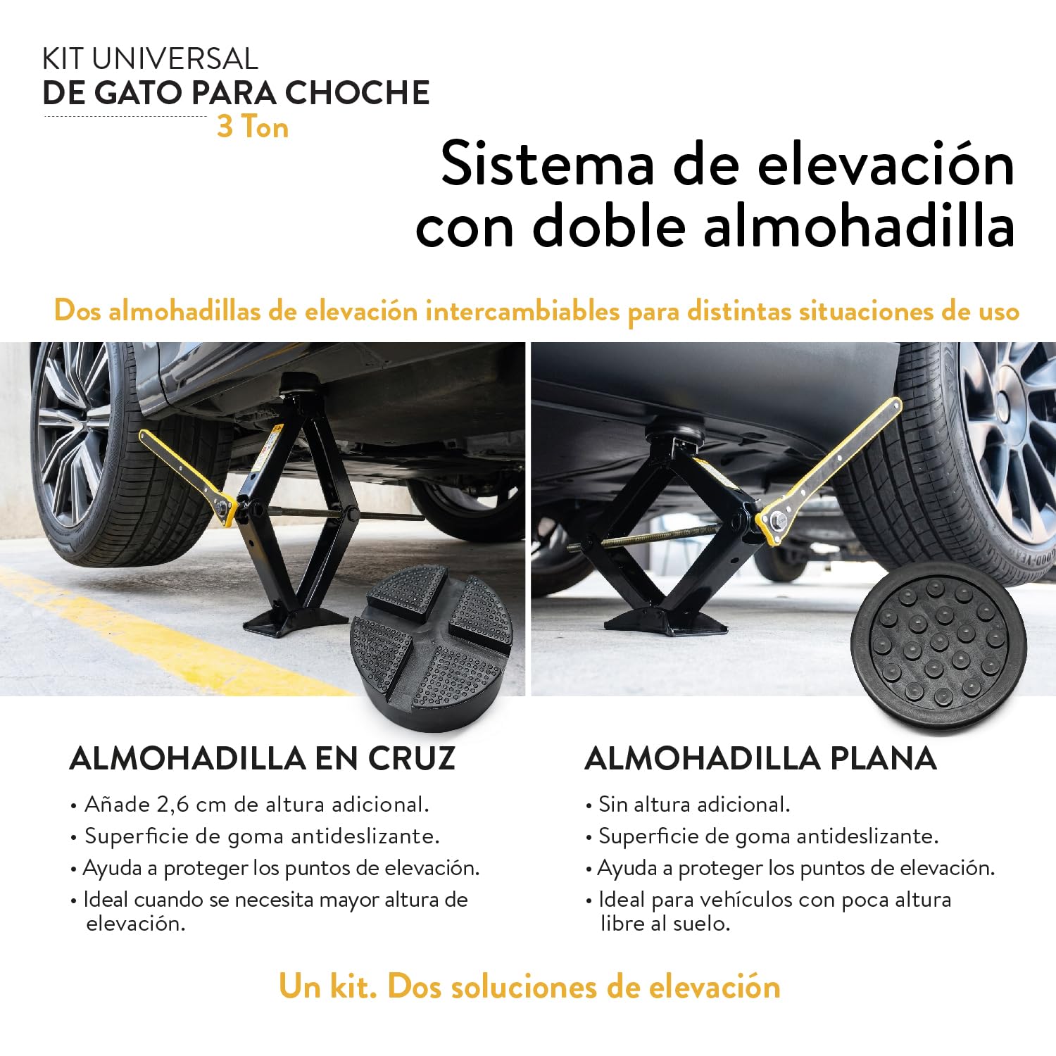 Kit Gato Hidráulico Coche 3 T | Gato de Tijera para SUV y Automóviles | Goma Cruz (+2,5 cm), Goma Plana para Vehículos Bajos, Llave para Ruedas Incluida, Kit de Emergencia, Cambio de Neumáticos