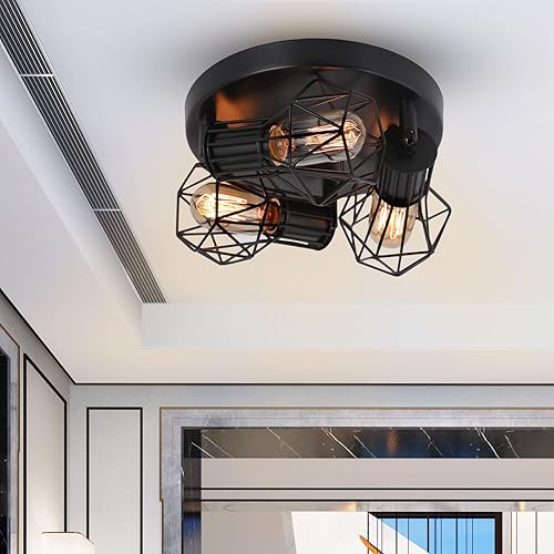 Miniatura 5 de Lámpara de techo de montaje empotrado de 3 luces, lámpara de techo industrial para cocina, E26, color negro, para comedor, pasillo, entrada