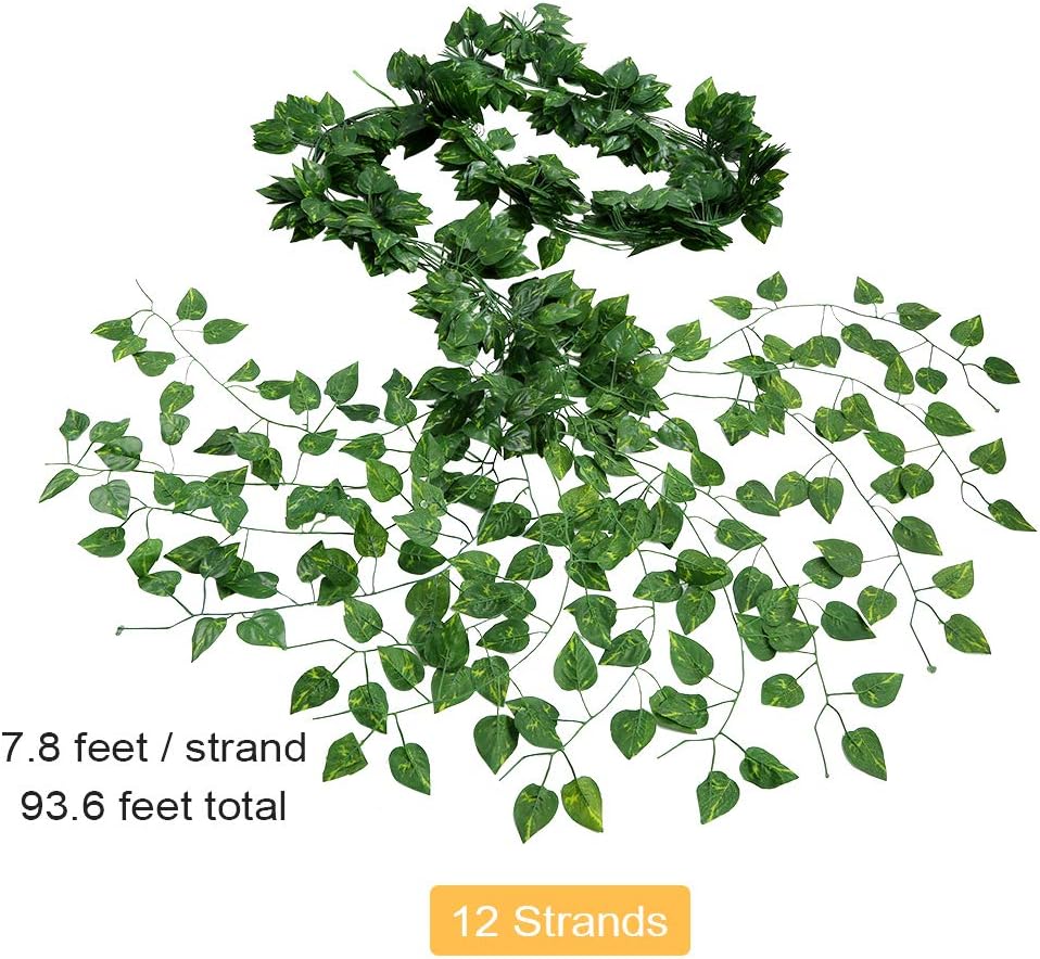 Auihiay 93 FT 12 Strands Artificial Ivy Leaf Plants Vine Garland and 24 Pieces Artificial Palm Leaves for Home Wall Garden Baby Shower Wedding Home Party Decor