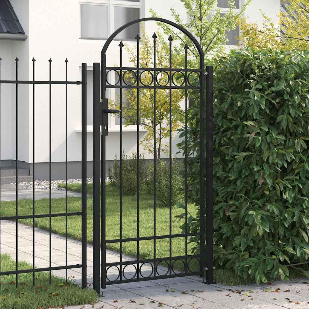 vidaXL Cancela de Valla Assen Sencilla Individual Puerta de Jardín Entrada Exterior con Forma de Arco con Dos Postes de Acero Negro 105x170 cm
