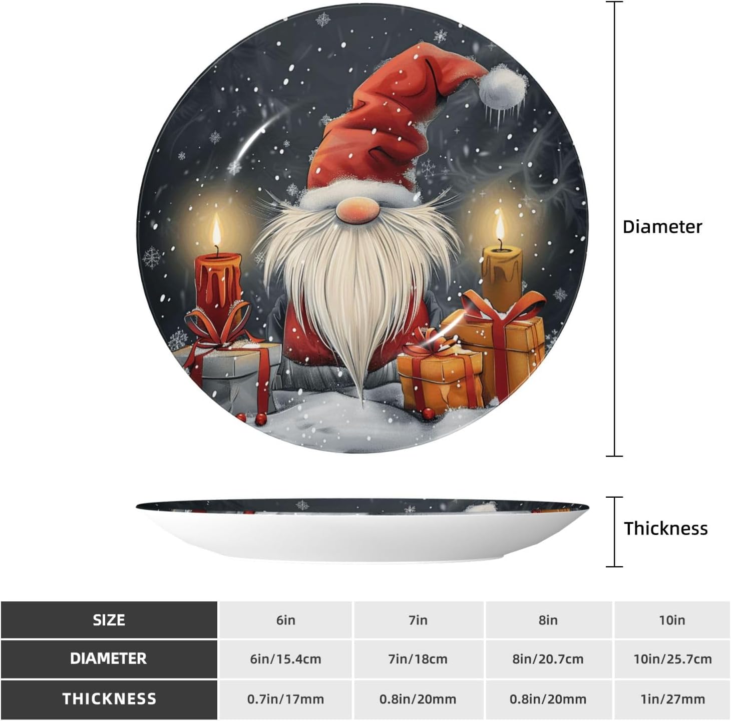 Christmas Cute Gnome Circle Decorative Porcelain Plates with Stand, 8" Hanging Bone China Art Plates for Home Hallway Wall Office Table Décor