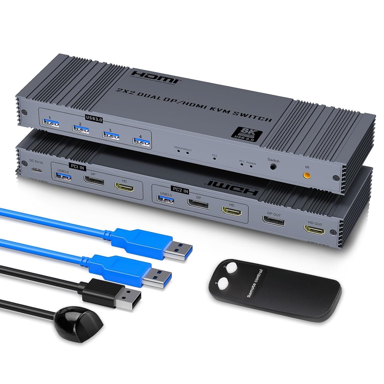 MICROWARE 8K@60Hz HDMI + Displayport KVM Switch 2 Computers 2 Monitors, 4K@120Hz KVM Switcher for 2 PCs Share Dual Monitors and 4 USB 3.0 Devices for Keyboard, Mouse, Printer (IR Remote Control)-image-23