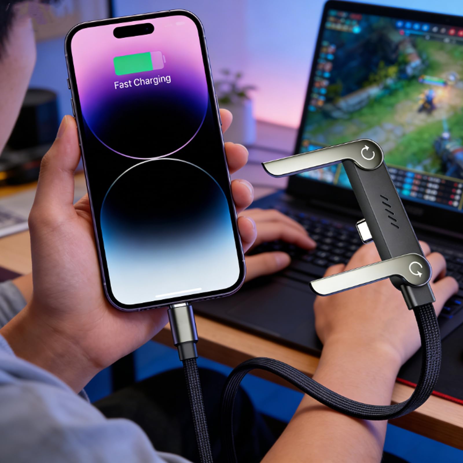 Cargador y soporte para teléfono, cable de carga súper rápida 2 en 1 duradero para juegos y oficina, diseño plegable, ideal para viajes