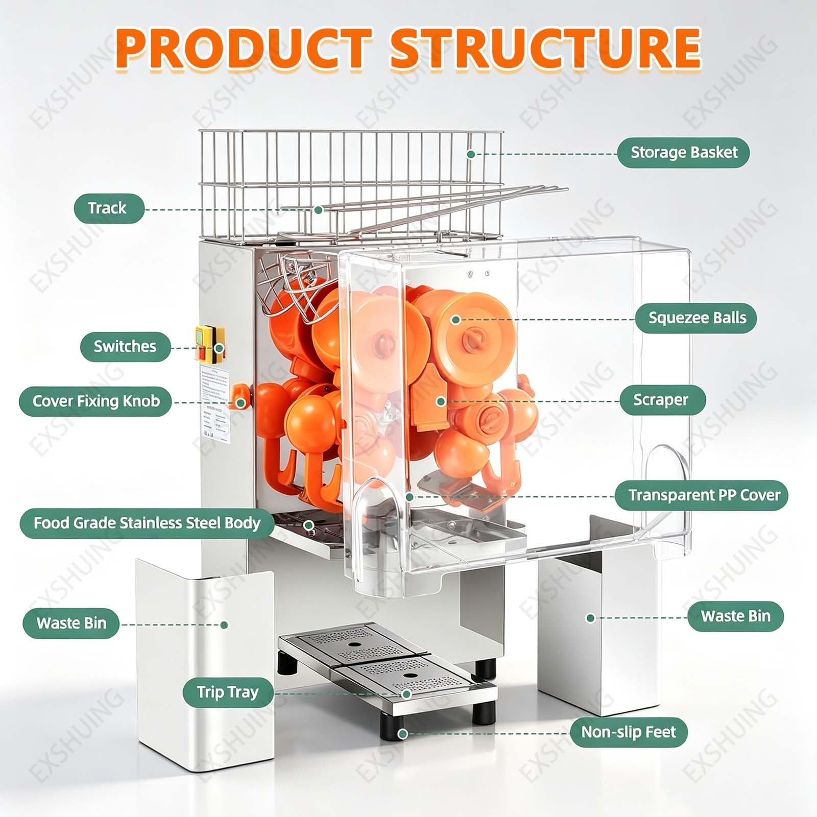 Exprimidor Automático Comercial De Frutas Y Cítricos, Eléctrico, De Acero Inoxidable, Con Un Rendimiento Del 40-50%, Capaz De Extraer 30 Naranjas Por Minuto