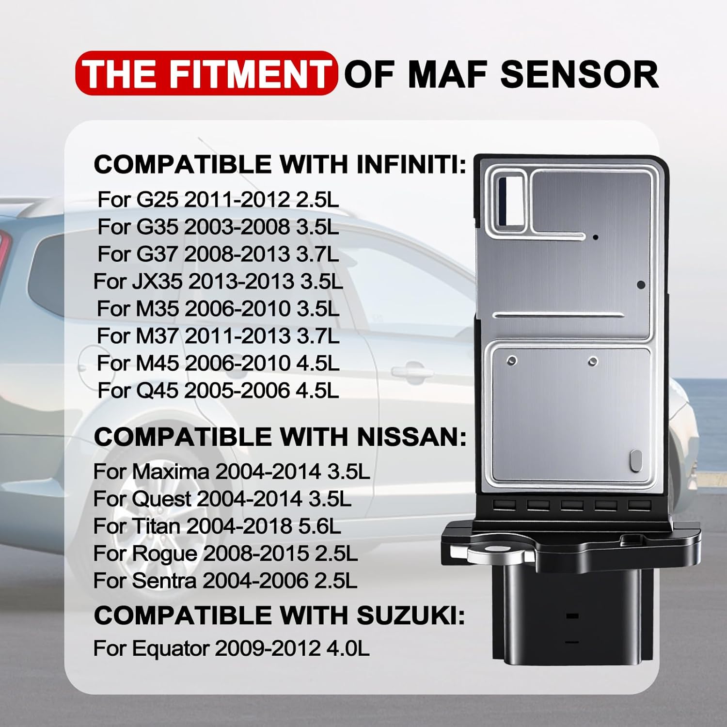 Mass Air Flow Sensor Meter 22680-7S000 MAF Sensor Compatible with Nissan for Infiniti for Murano for Sentra for G35 for Xterra for G37 for 350Z for 370Z for Frontier for Suzuki, AF10141