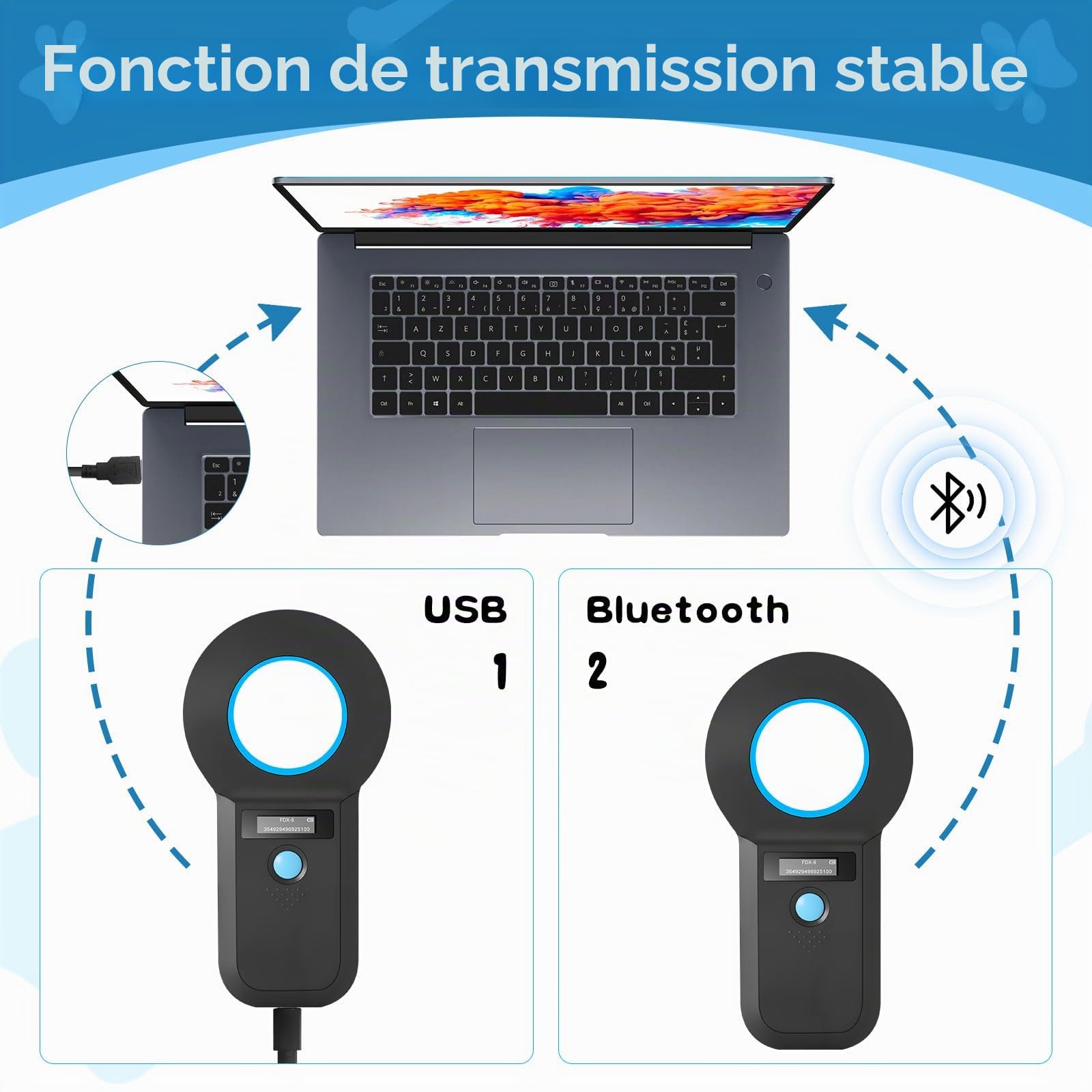 Scanner de Micropuces pour Animaux de Compagnie Bluetooth, Lecteur USB RFID pour Animaux de Compagnie, Rechargeable Scanner de Micropuces OLED pour FDX - B (ISO 11784/11785)/EMID