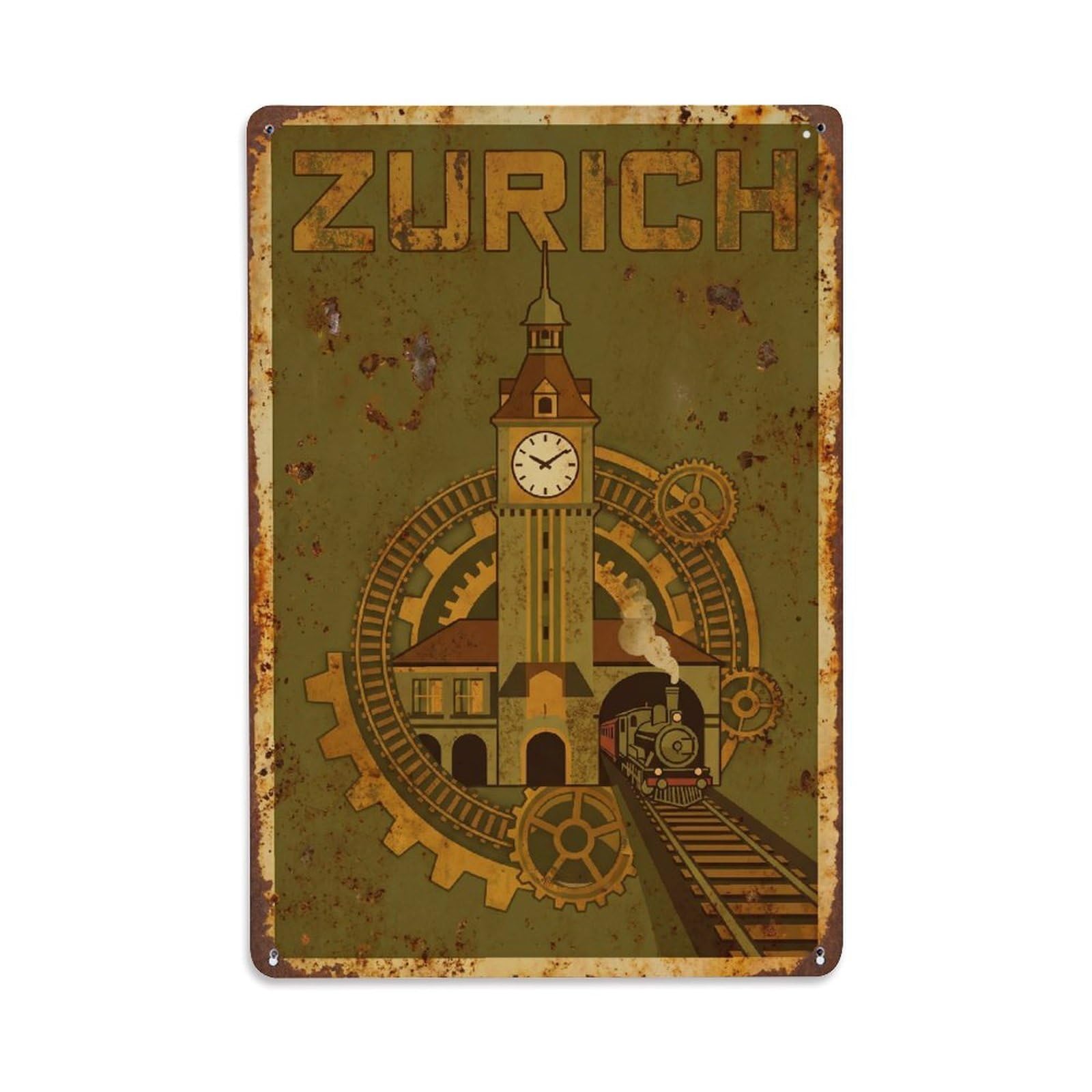 Este 8X12inch Style Vintage Travel Zurich Switzerland Superb Metal Tin Sign