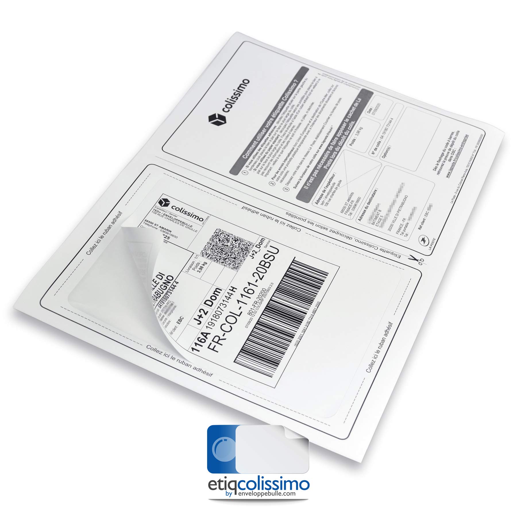 Lot de 500 Planches A4 avec étiquette COLISSIMO intégrée 164 x 120 mm