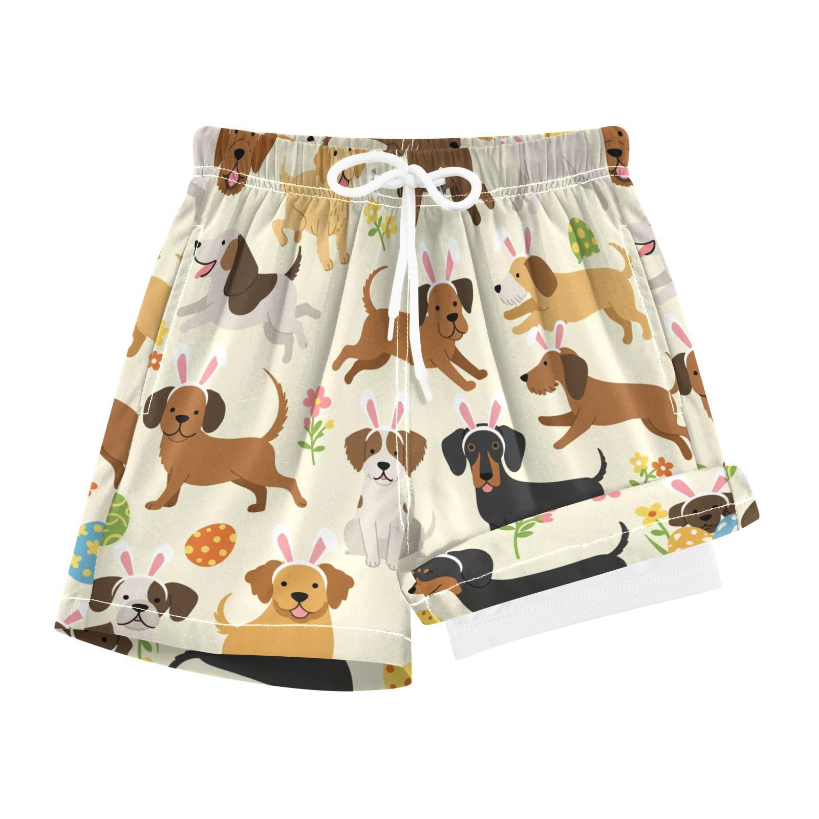 YANENDIE Boy Swim Trunks with Compression Liner Easter Dogs Bunnies Boys Swim Shorts Quick Dry Beach Shorts