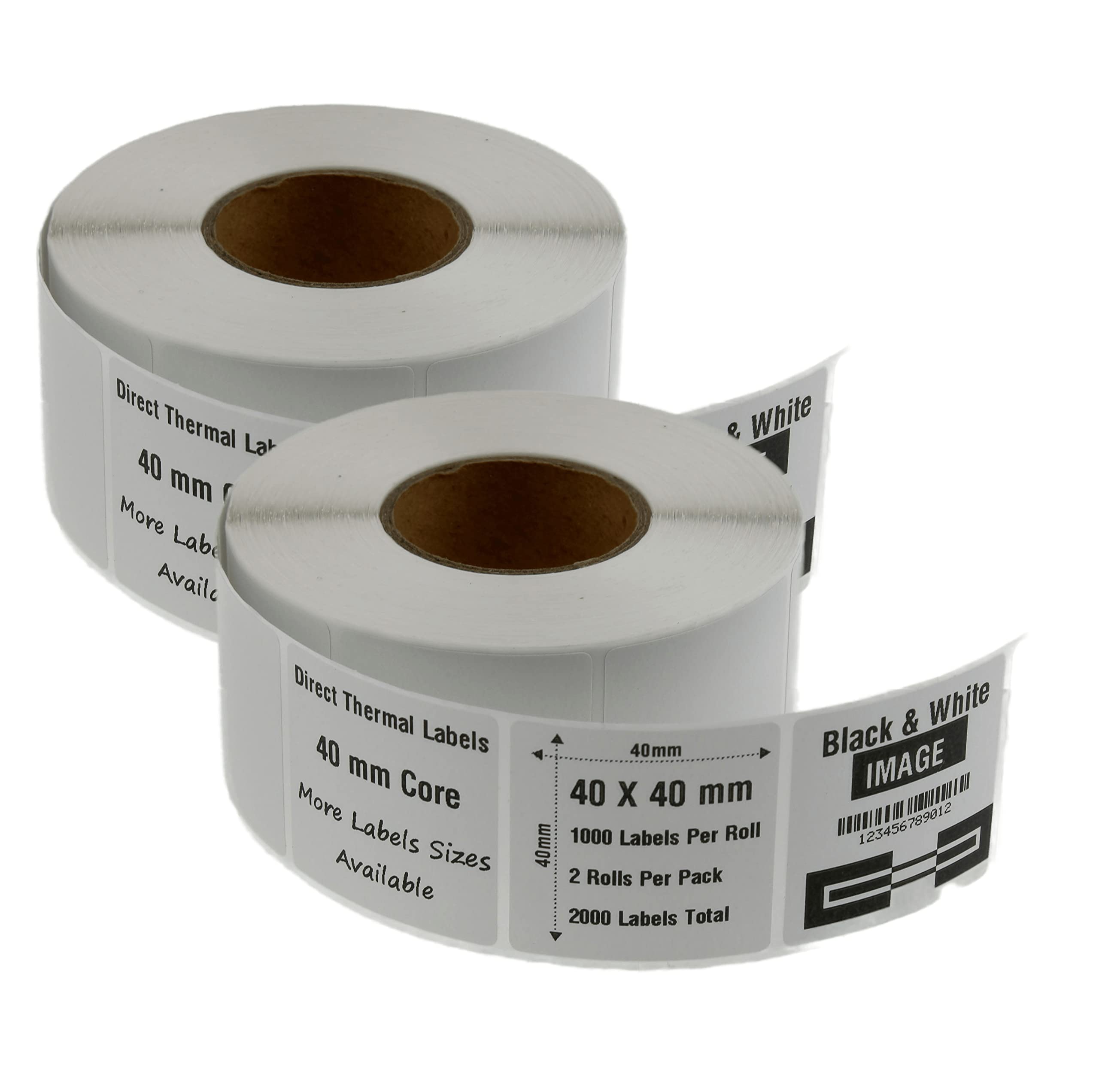Black & White Image, Direct Thermal Label Stickers, Self Adhesive Barcode and Address Mailing Labels on a Roll, Blank (40 x 40 mm - Qty 2000, 40 MM Core)