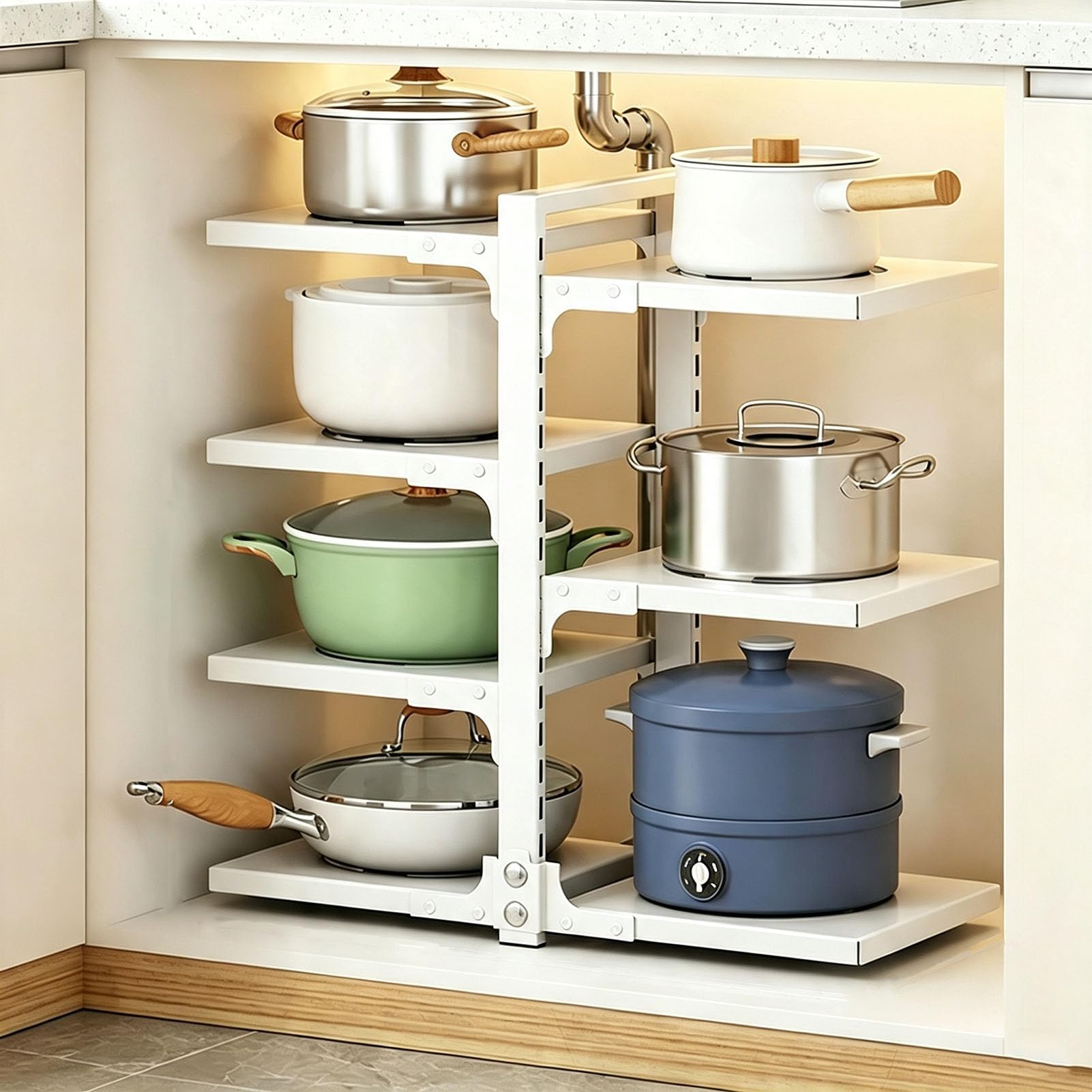 Scaffale da Cucina Inossidabile, per Pentole e Padelle | Organizer per Pentole con Divisori Antiscivolo Regolabili, Coperchio Rimovibile per Pentole e Teglie, Bancone della Organizer