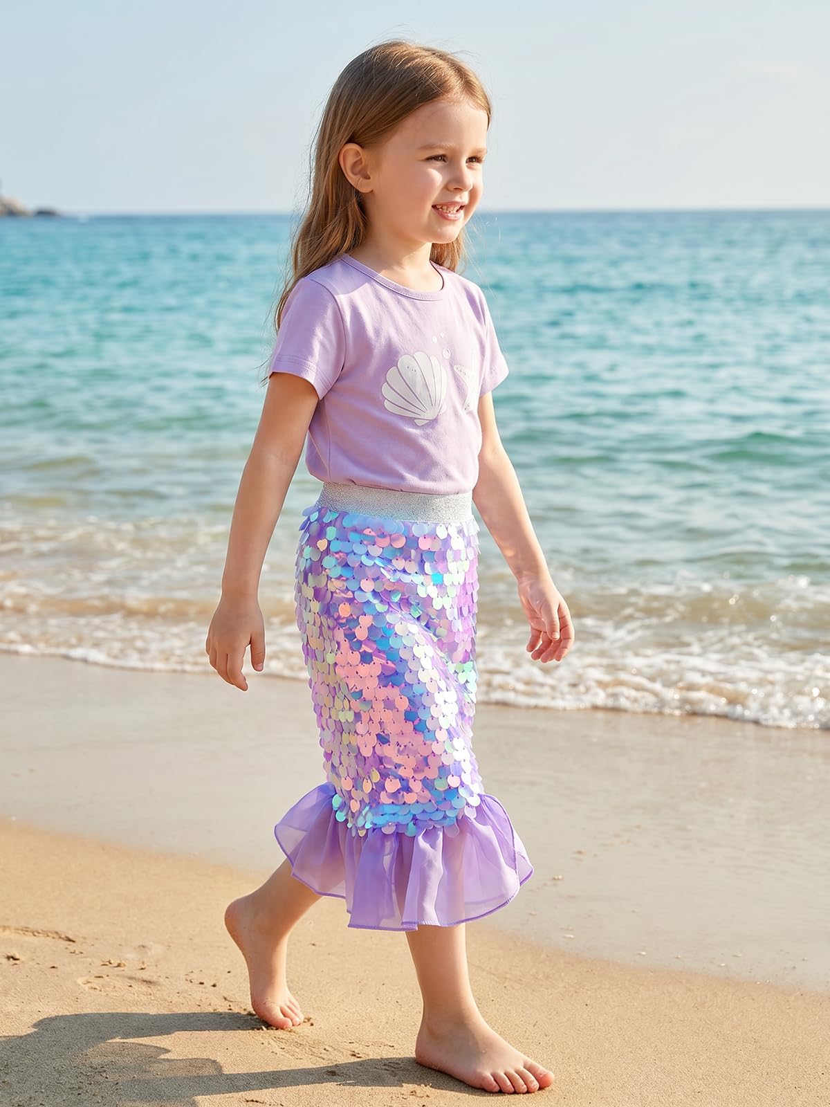 Miipat Jupe Fille Paillettes Enfant Jupes Sirène avec Doublure Taille Élastique Glitter Jupe Queue de Sirène pour Petite Fille Anniversaire Fête Plage