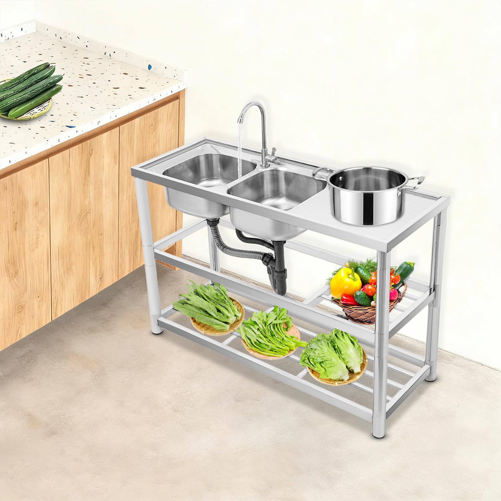 120 cm 2 vasche 3 ripiani Lavello in acciaio inox con rubinetto freestanding per cucina | 201 inox, 2 vasche, 3 livelli, 100 kg, piedi rotondi/quadrati, piletta in acciaio, rubinetto 360°, per pro & casa