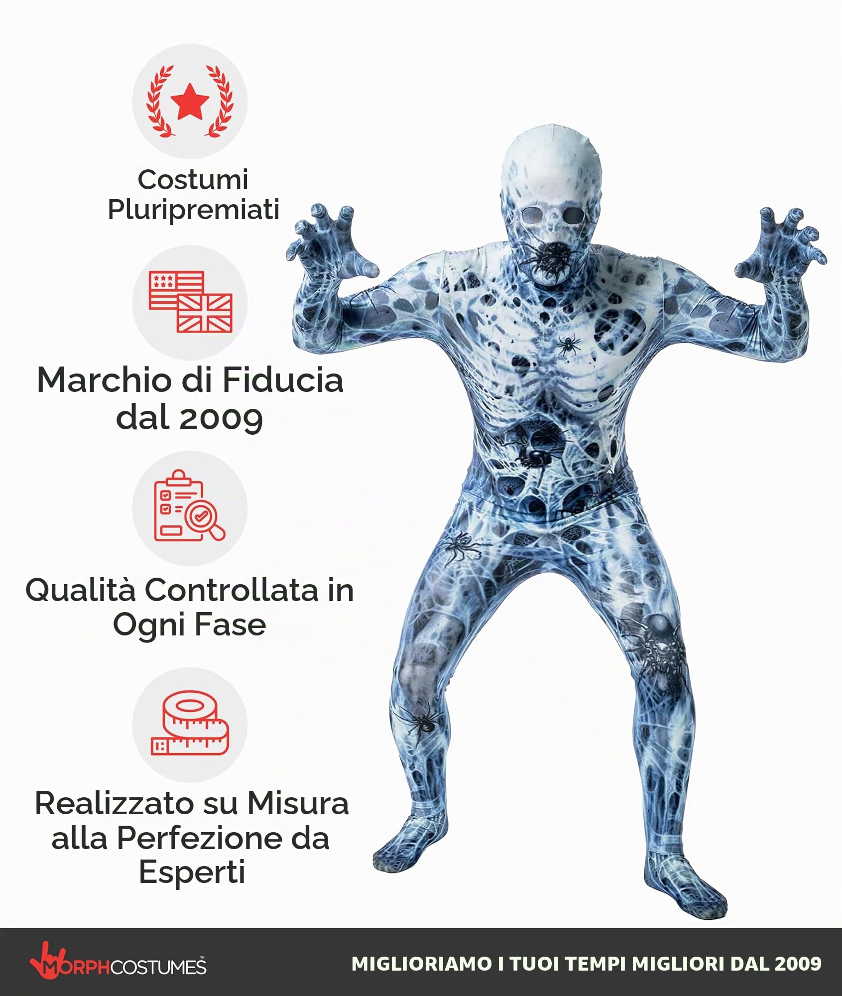 Morphsuit, costume da mostro, motivo: teschio e ossa