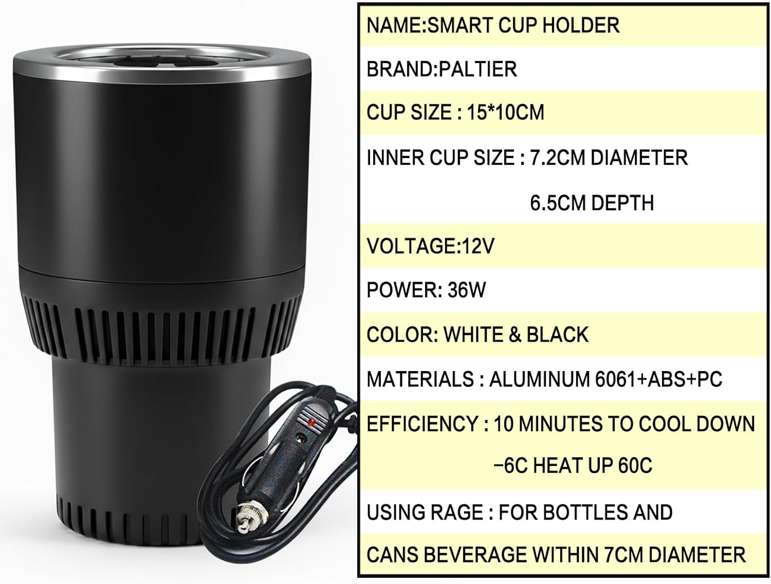 Auto Car Cup Holder Heating Cooling Drinks Smart Cooler Warmer Heater for Coffee Beverage Milk (Black with Silver)