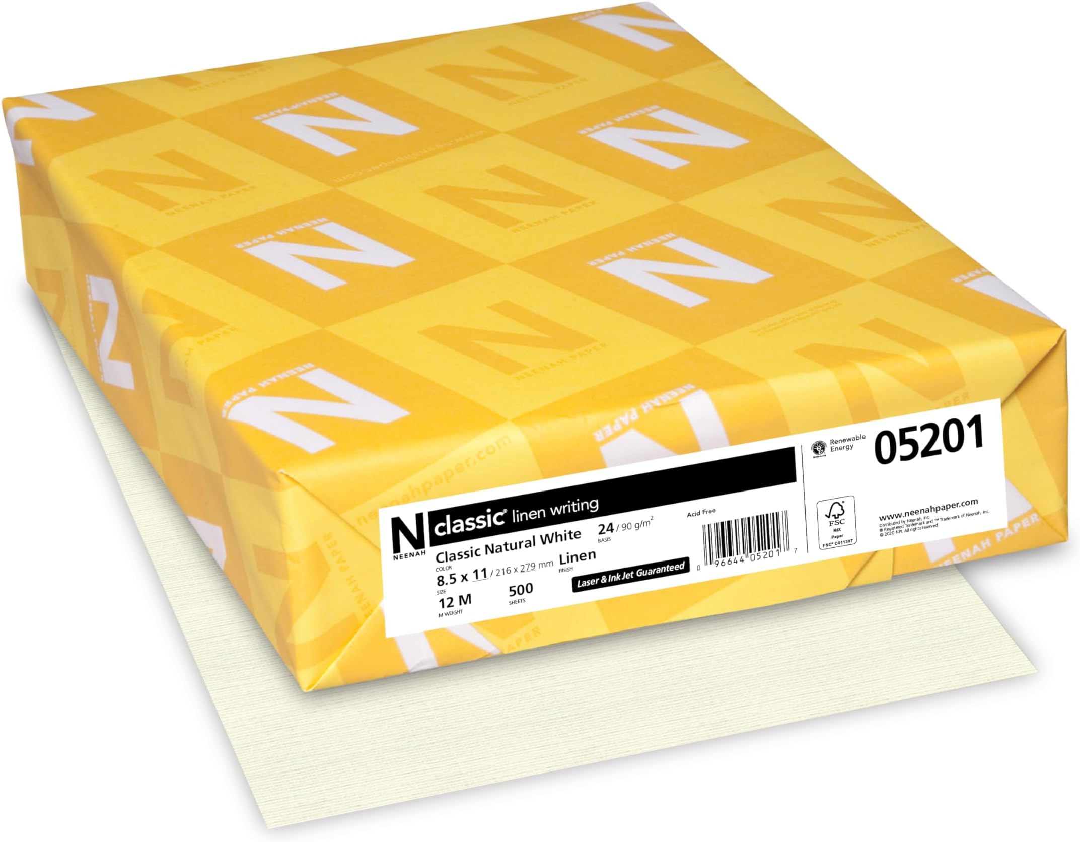 Neenah Paper 05201 CLASSIC Linen Writing Paper, 24lb, 8 1/2 x 11, Natural White, 500 Sheets