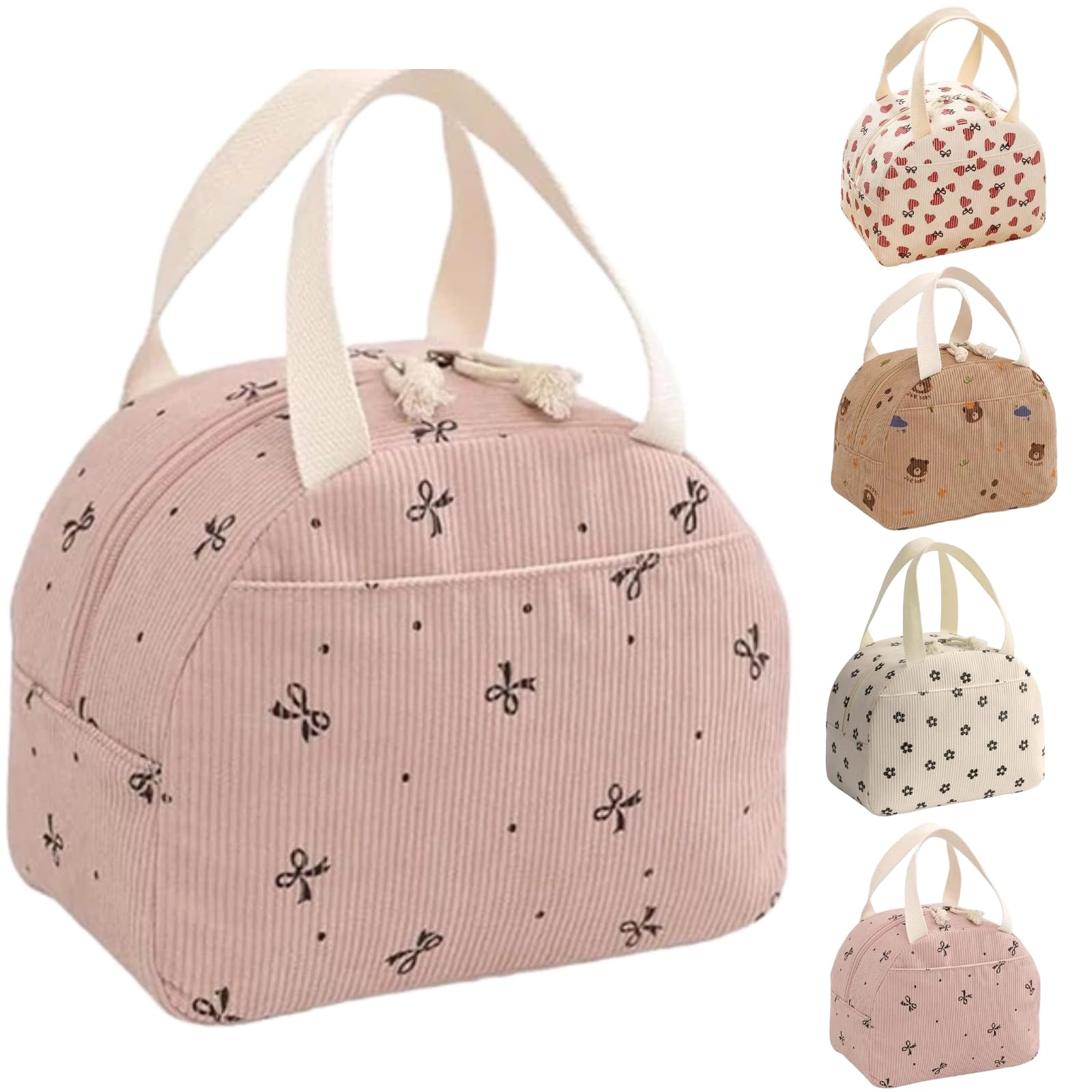 Arae Corduroy Lunch Bag for Women Men Cute Insulated Lunch Tote with Front Pocket Large Capacity Reusable Cooler Bag for Work Picnic Travel - Bow