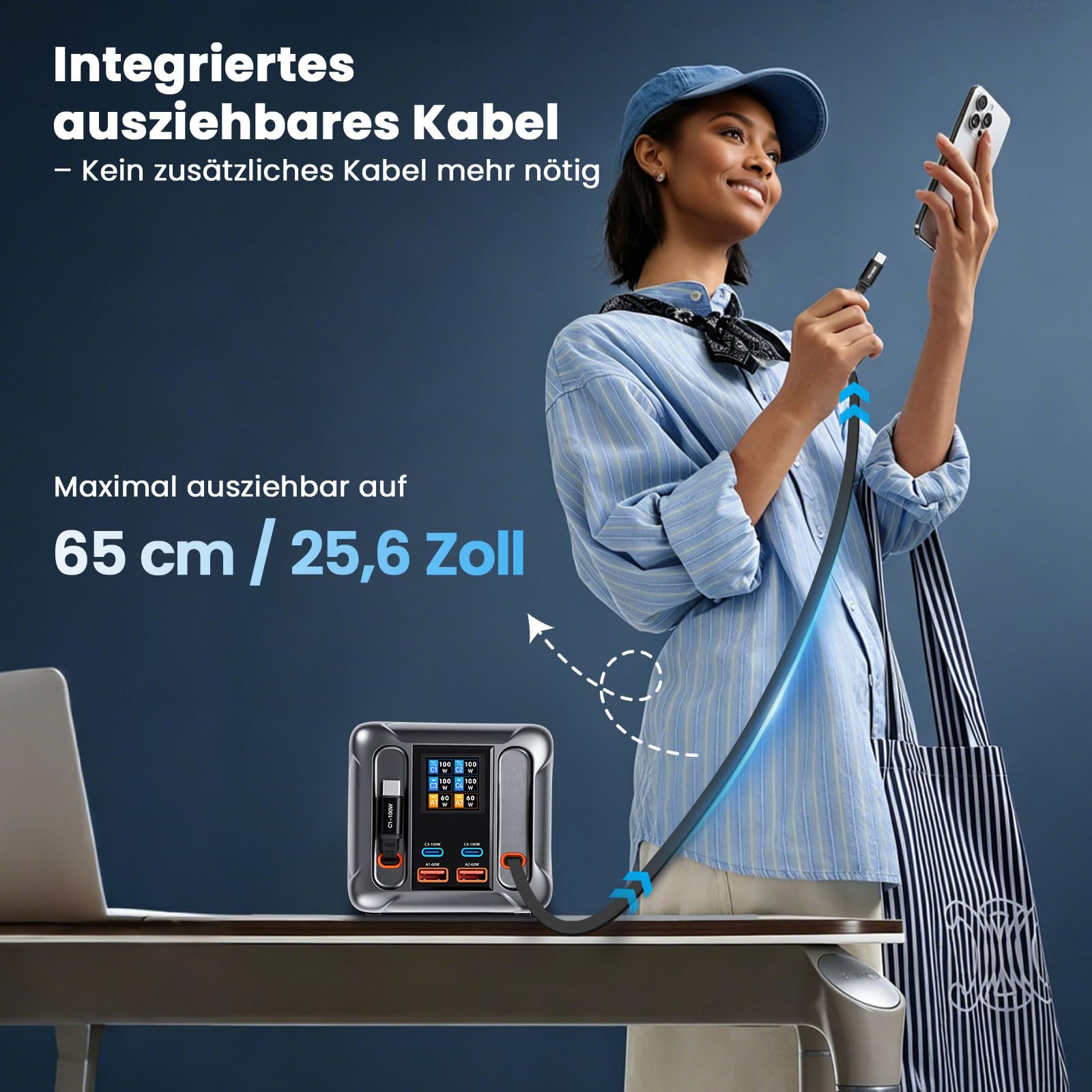Caricatore USB C 6 in 1 e 300 W, display LCD, stazione di ricarica GaN ultra veloce (2 cavi + 2C + 2 A) Max PD100W/QC60W, caricatore multiplo USB, compatibile con iPhone 17/16/15, iPad, Android e