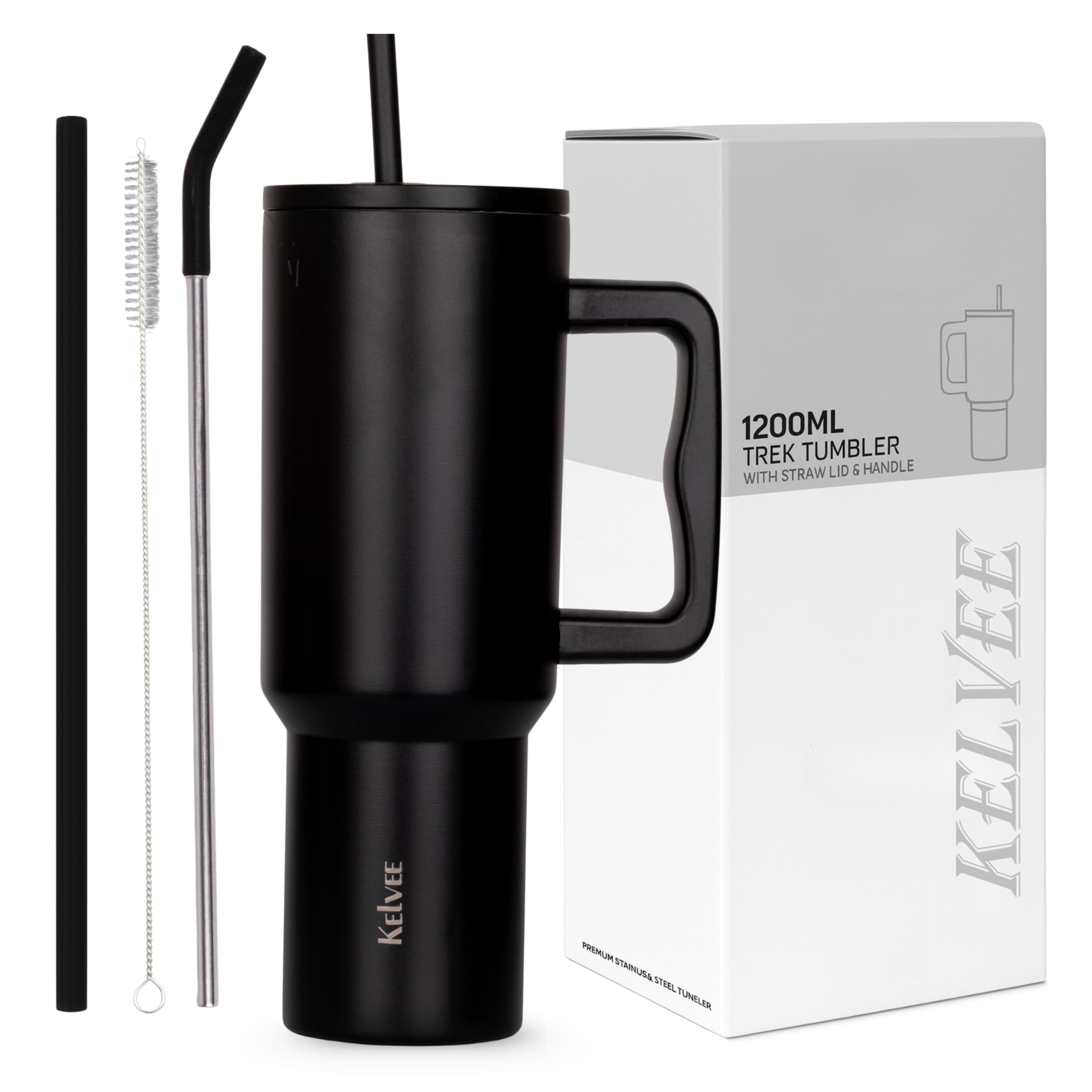 KELVEE 40oz Tumbler with Handle and Straw Lid, Reusable Cup Leakproof Iced Coffee Sipper Mug for Keeping Water Beverages Perfect for Travel, Gym 1.2L (Black)