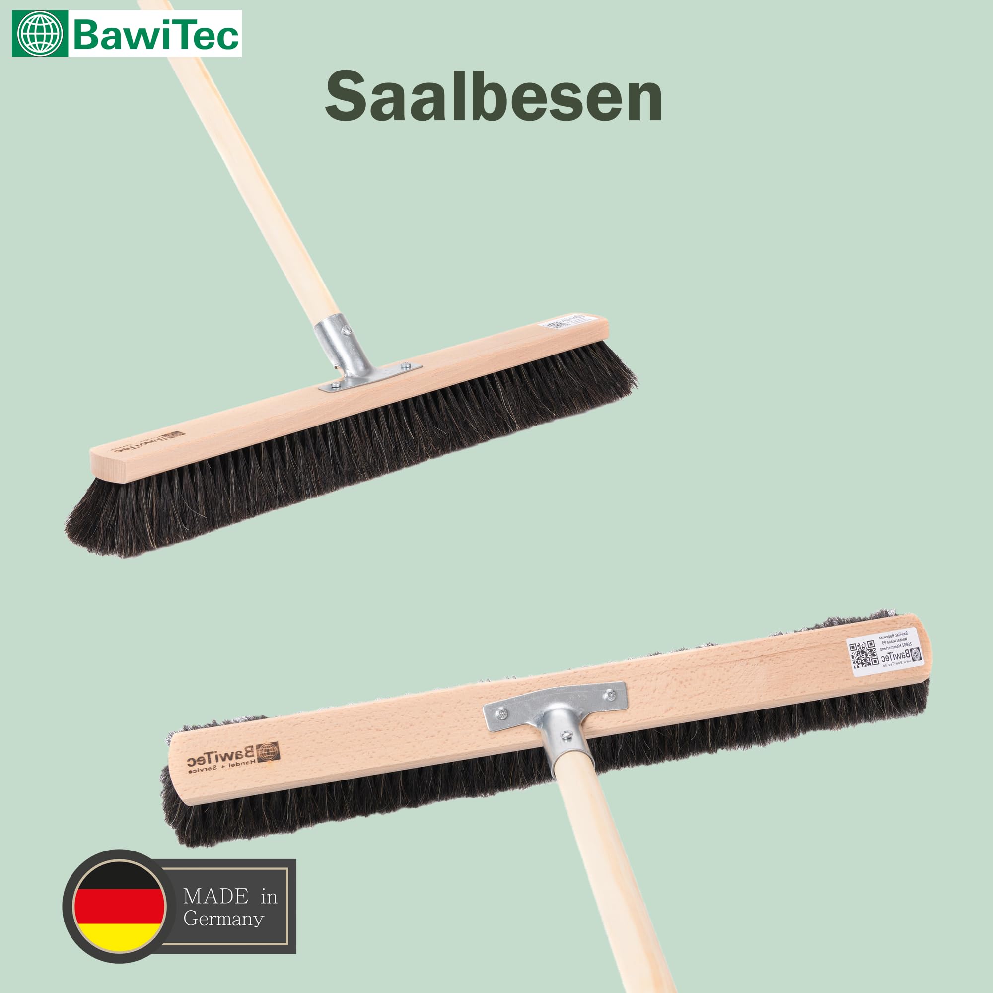 Rosshaar Besen Saalbesen 60cm weiche Borsten mit Stiel 160cm Besenstiel | Sehr weiche feine Naturhaar-Rosshaar-Borsten, Holzstiel-Ø 28mm, Metall-Stielhalter