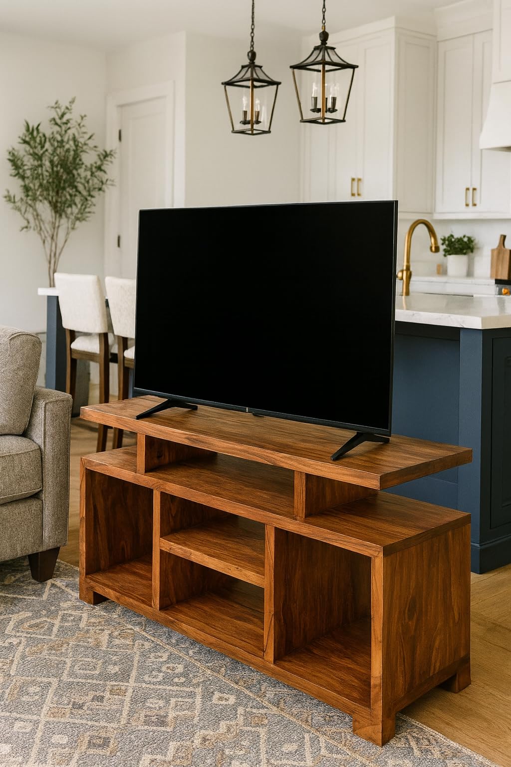 Cube Petit Dark Solid Sheesham Wood TV Unit Stand | Indian Rosewood Plasma & Flatscreen Entertainment Unit | Handcrafted Wooden Media Console for Living Room Furniture