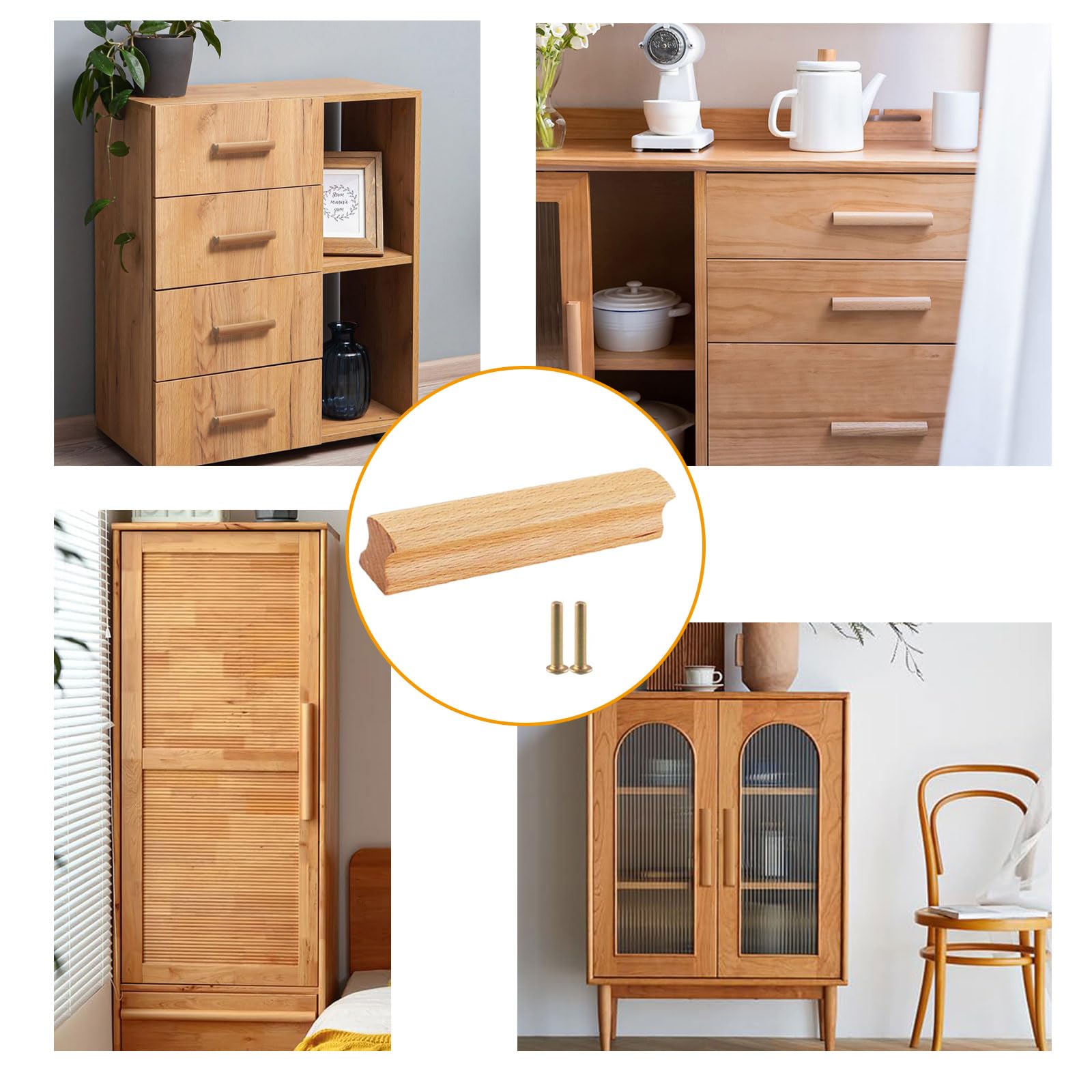Maniglie in Legno, 12 Pezzi Pomelli Cassetti per Mobili Cucina in Legno Con 24 Viti, Interasse Fori 64 mm, Maniglie in legno Massiccio, per Scrivanie, Bagni, Cucine