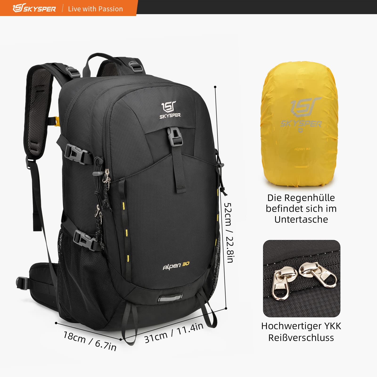 SKYSPER Zaino da Hiking Professionale 30L, Zaino da Trekking Impermeabile con Copri Pioggia Zaino con Ventilazione Posteriore per Escursioni Viaggi Campeggio