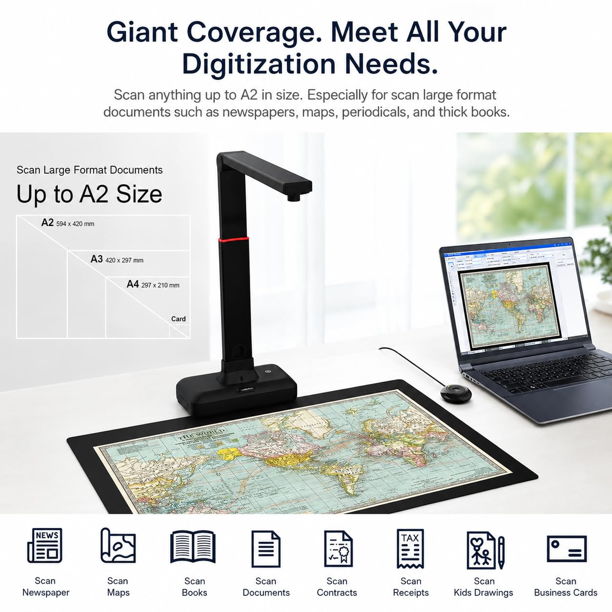 Scanner per documenti con risoluzione 23 MP, luce LED integrata, portata di scansione 420 x 297 mm, per carte d'identità, foto e riviste