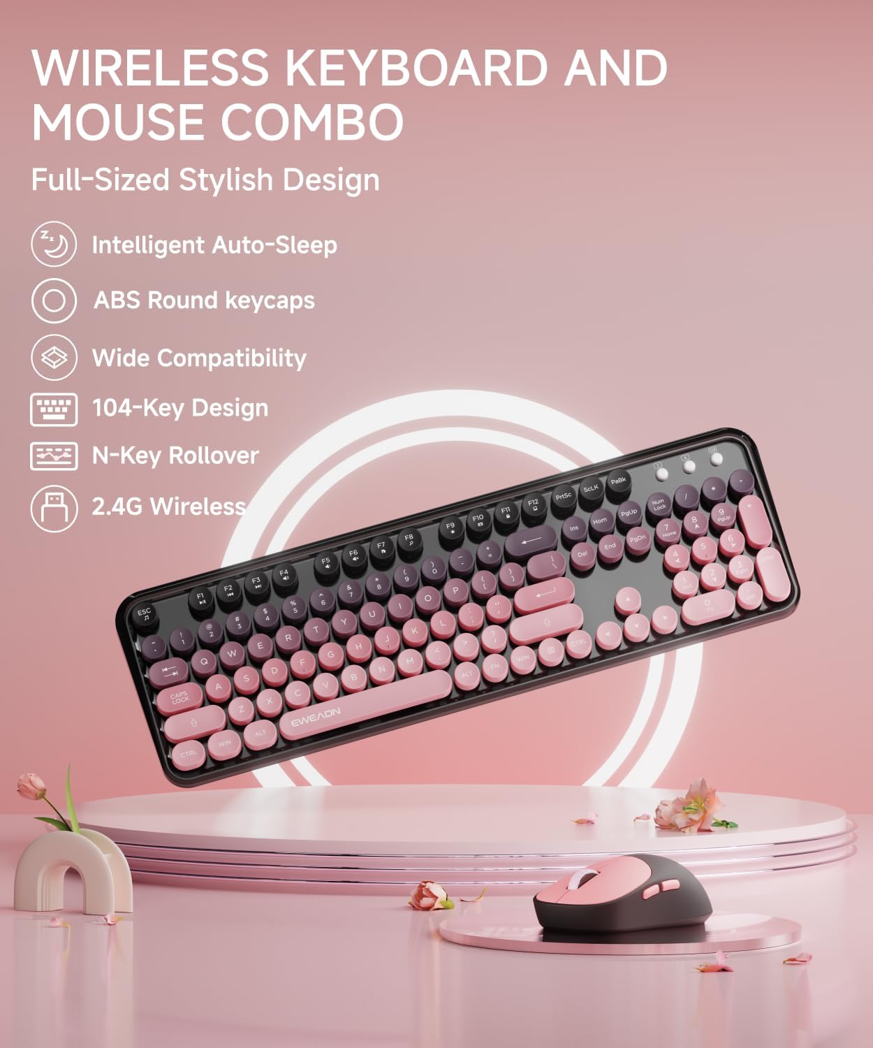 Diagram highlighting features of the V96 Wireless Keyboard and Mouse Combo