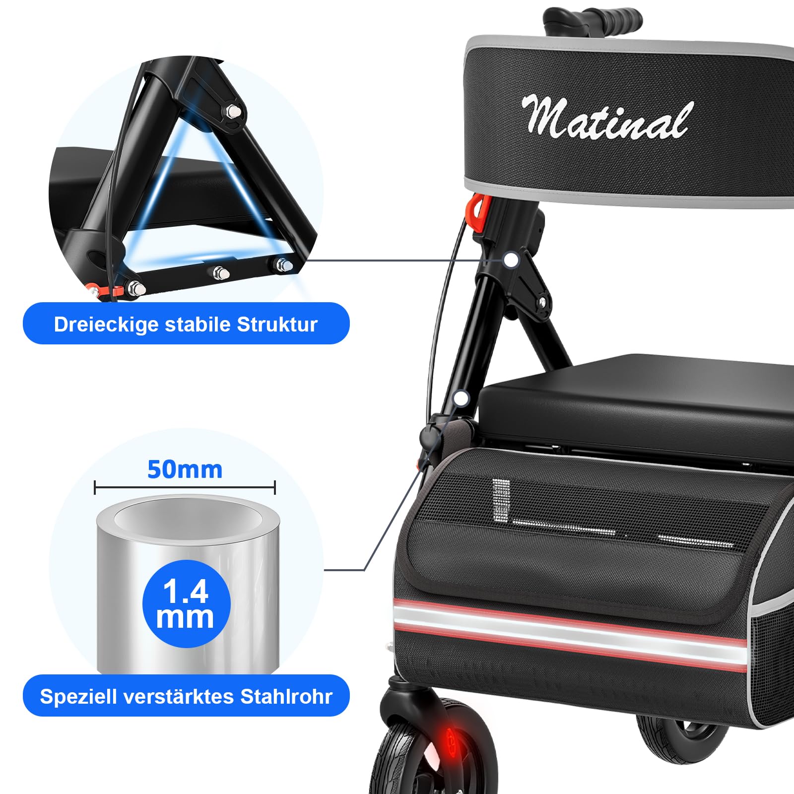 Andador plegable y ligero con asiento, andador para personas mayores de hasta 160 kg, con ruedas de 8 pulgadas y dirección de 360°, altura regulable en 6 posiciones, adecuado para uso diario