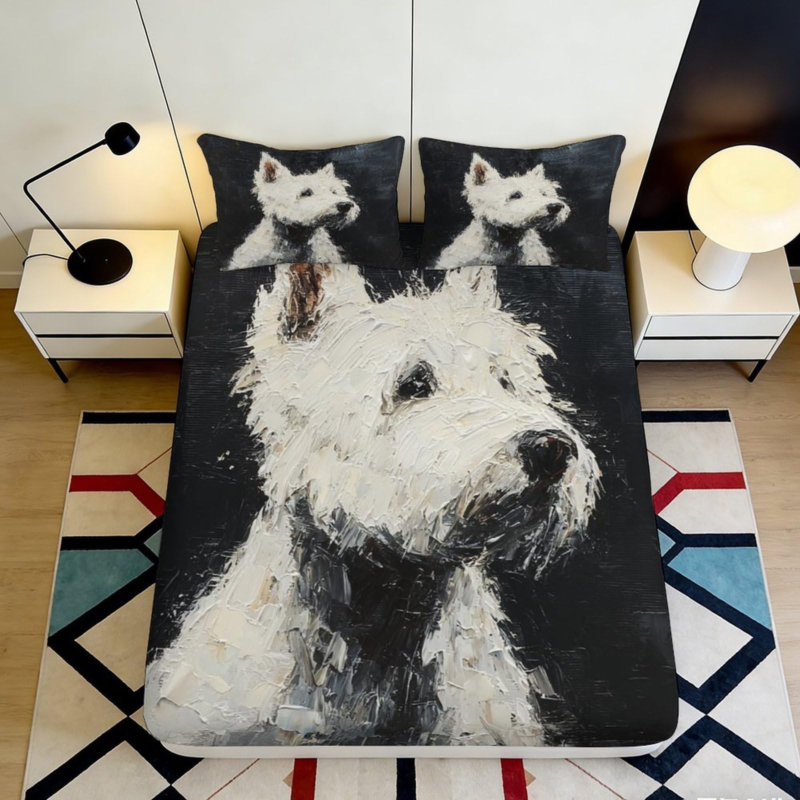 3D Printed White Westie Dog Fitted Sheet Microfiber Soft Black Artistic Pet Bed Cover for Bedroom Guest Room Home Decor 90x200x25cm