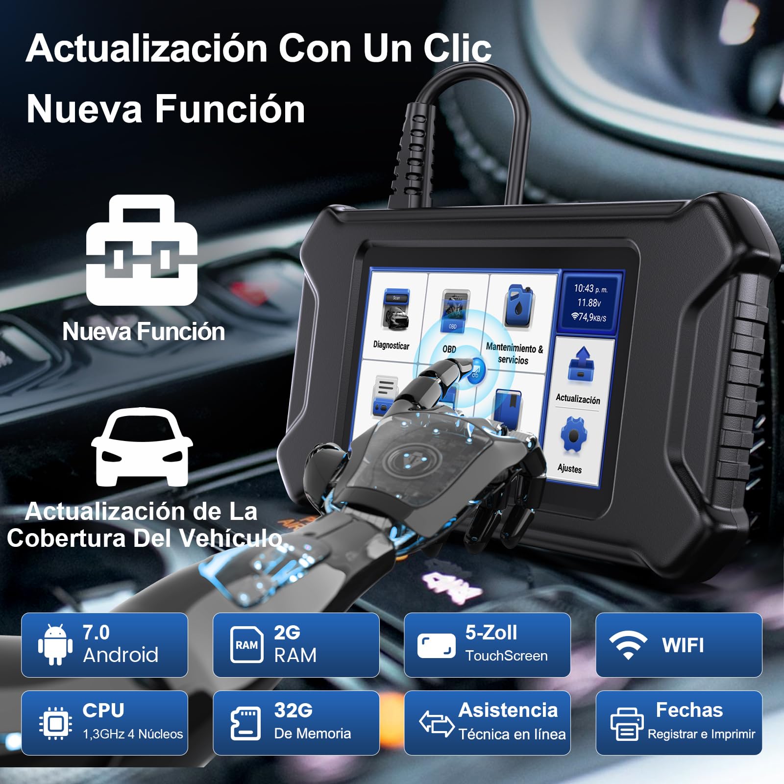 mucar OBD2 Diagnóstico, CS4 Diagnosis Coche Multimarca con 4 Sistemas (ABS/SRS/ECM/TCM) Y 5 Funciones de Reinicio (Reinicio de Aceite/EPB/SAS/TPMS/ETS), OBD2 Diagnosis para Actualización Gratuita