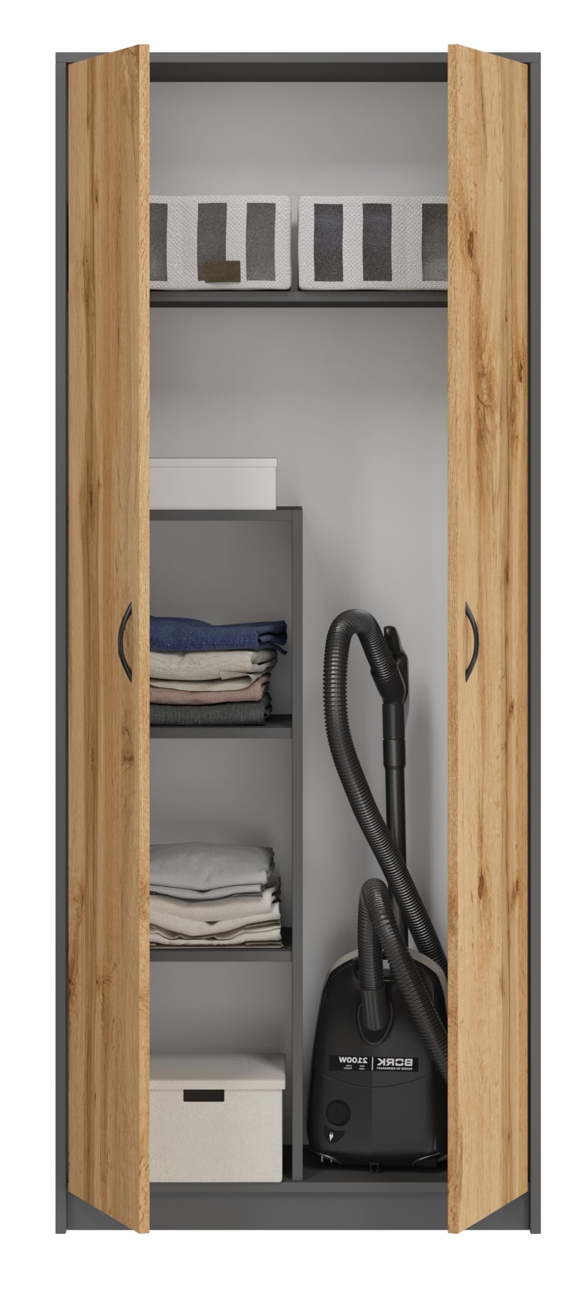 BDW - Armoire à balais – Armoire de ménage – 74x35x180cm – Polyvalente pour balais, aspirateur et Produits d’Entretien – Dino Graphite/Chêne Wotan