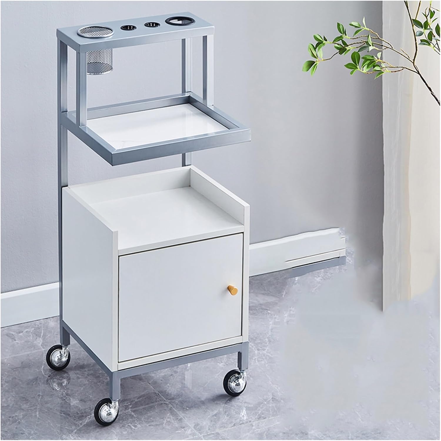 Beauty Salon Trolleys with Cabinet Rolling Trolleys with Hair Dryer Placement Bucket Raised Fence Storage Trolleys Cabinet Door with Pull Handle Raised Cabinet Foot Design(Silver)