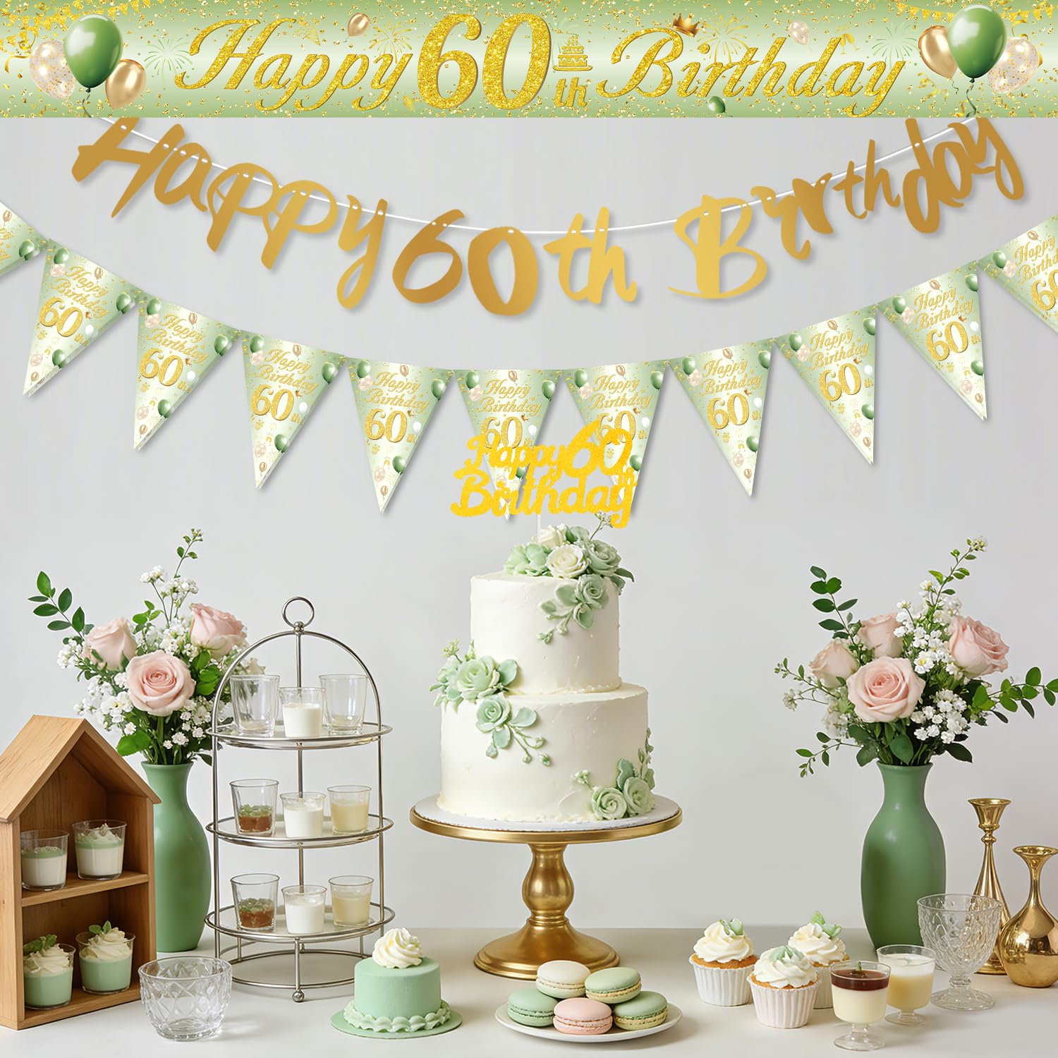 Décoration Anniversaire 60 Ans, Vert Or Ballon 60 Ans Anniversaire Femme Homme, Decoration 60 Ans, Bannière Joyeux Anniversaire pour 60 Réutilisable - 5