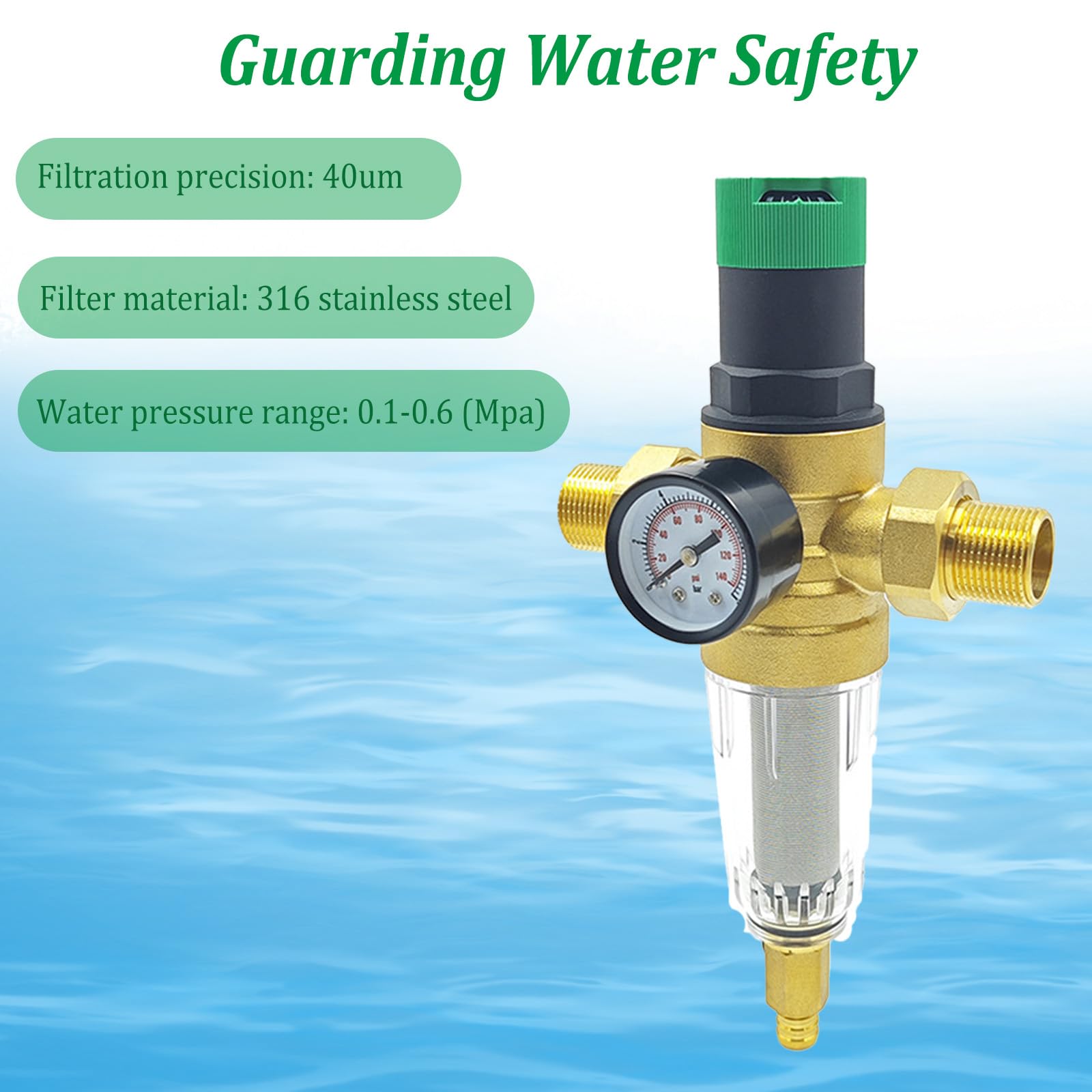 Réducteur de pression d'eau 1/2", filtre de rinçage avec réducteur de pression, valve de réduction de pression d'eau avec manomètre en laiton pour filtrer les impuretés dans l'eau