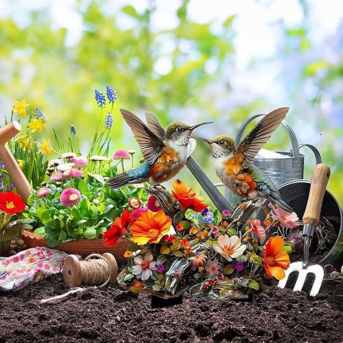 Charming Couple Birds and Flowers Acrylic Garden Stake, Indoor and Outdoor Decoration, Idea Gift for Flower Potted Ornament and Landscape Beautification, Suitable for Yard, Courtyards and Lawn