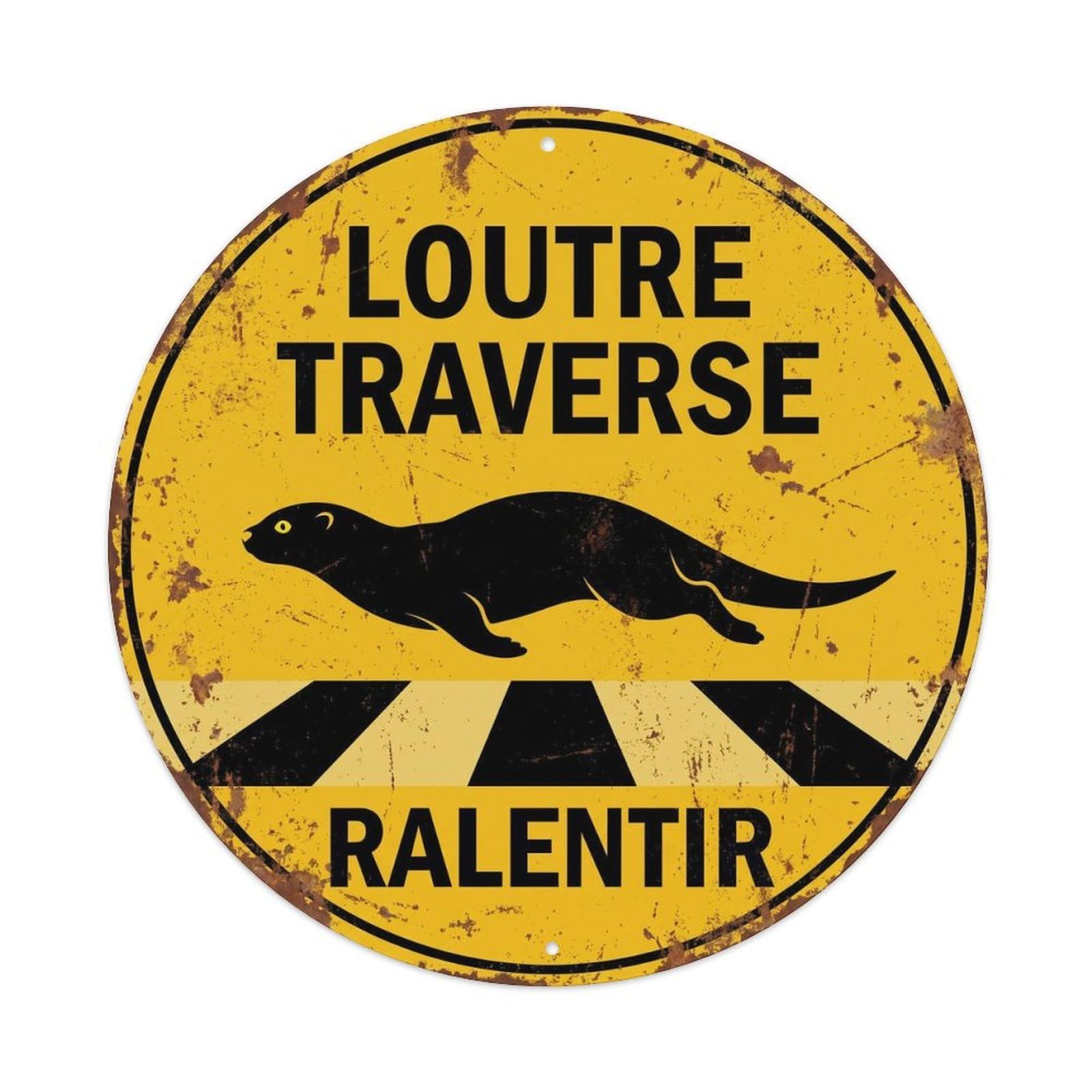 Otter Crossing Ralentir Patina Metal Tin Sign