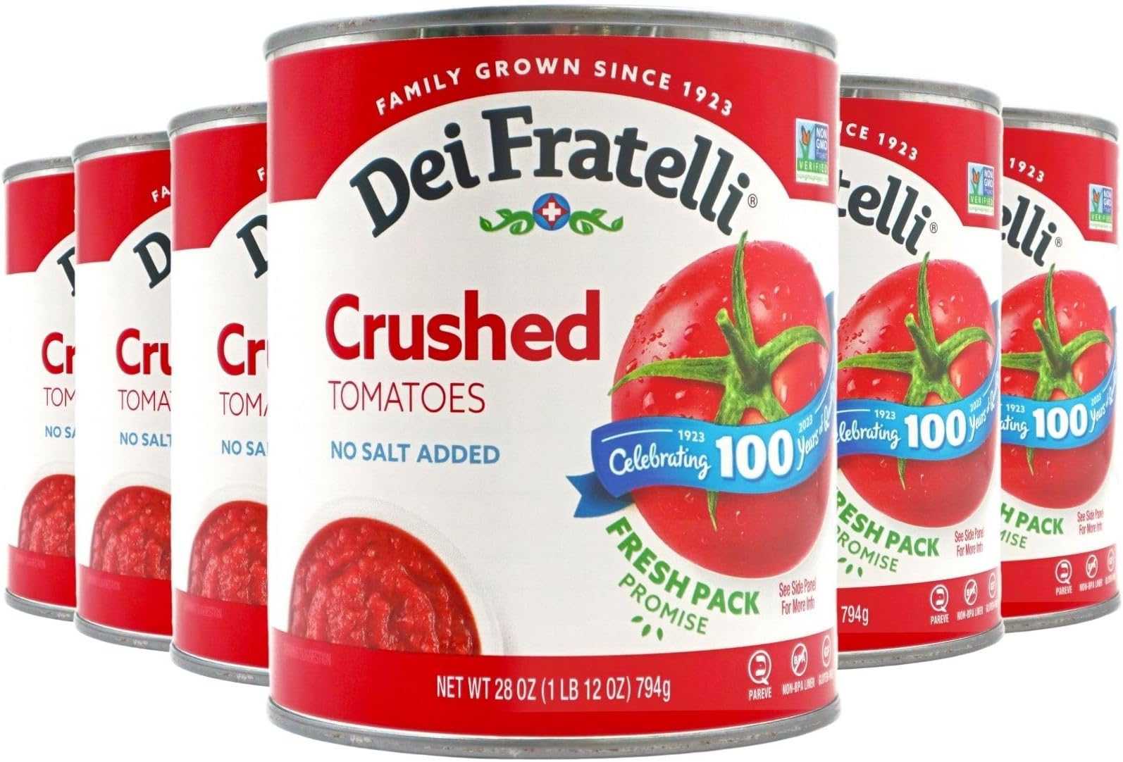 Dei Fratelli Crushed Tomatoes (28 oz. cans; 6 pack) - No Water Added - Never from Tomato Paste - 5th Generation Recipe
