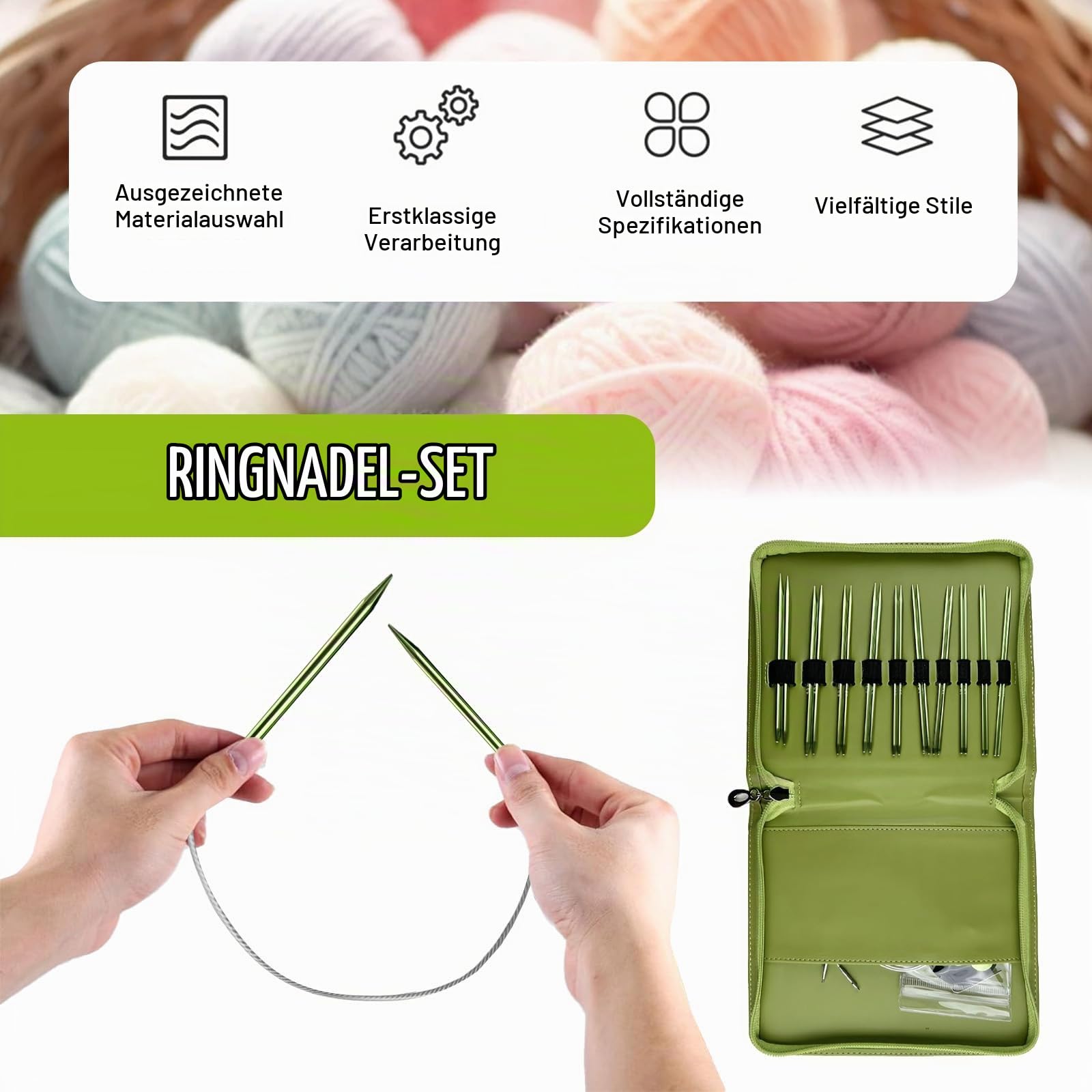 Rundstricknadeln Set, Austauschbare Stricknadeln mit Zubehör & Aufbewahrungstasche, Metall Auswechselbare Rundstricknadelspitzen mit Ergonomischen Griffen für DIY-Stricken (Grün 10 Paar)