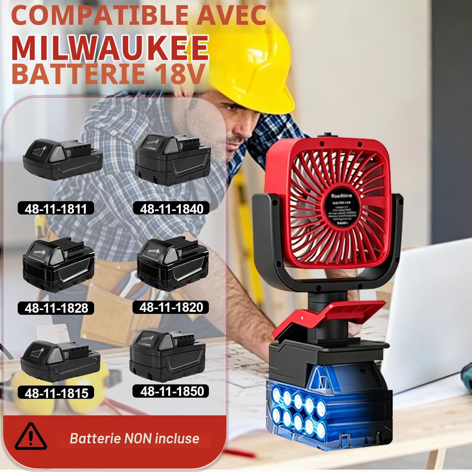 Roadtime Ventilateur à clip sans fil pour Milwaukee 18V (sans batterie) | 4 pouces, ventilateur portable à clip, 3 vitesses, angle d'inclinaison réglable, pour camping, voyage, chantier